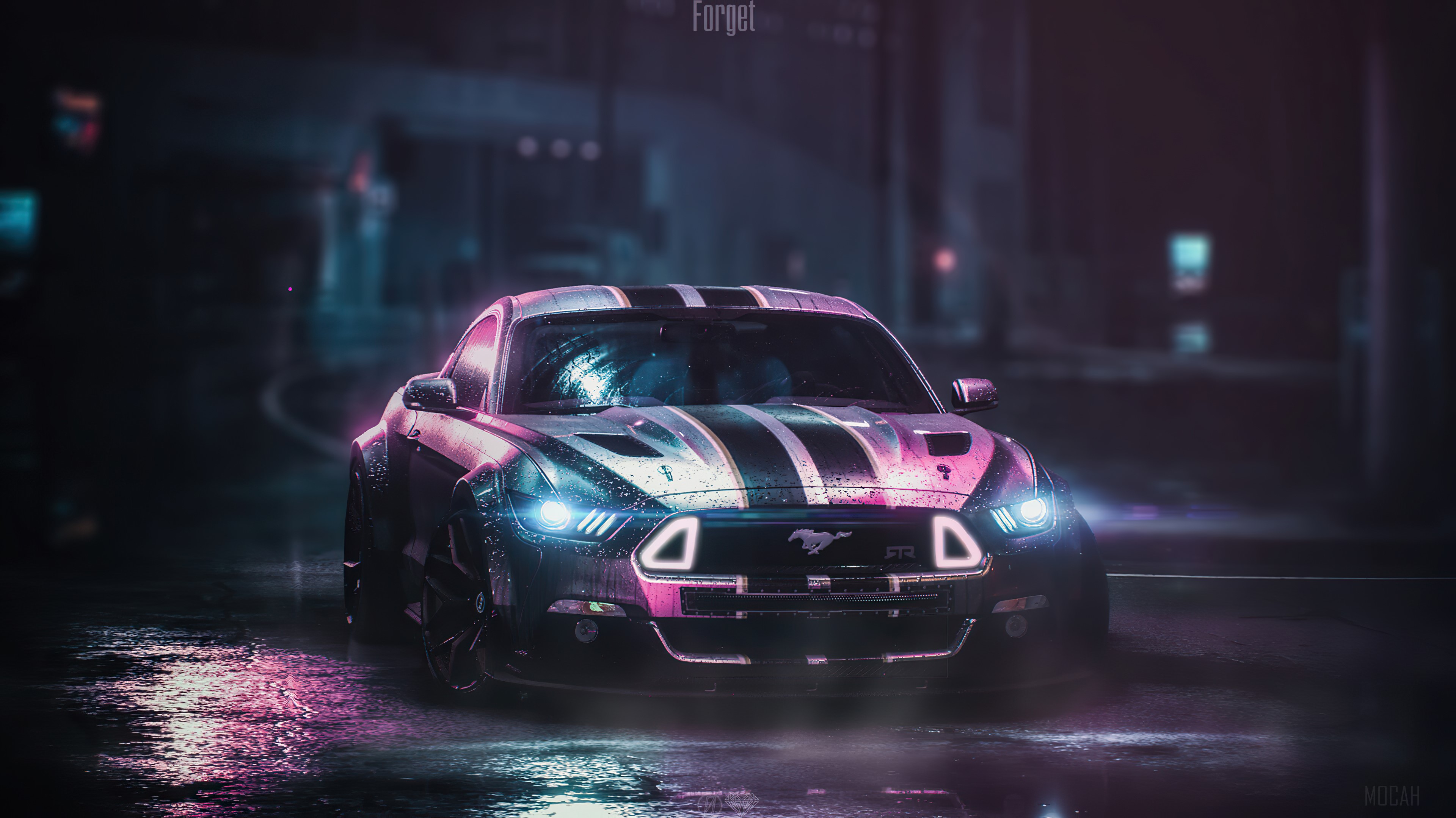 Ford Mustang GT with racing stripes in the rain HD Wallpaper