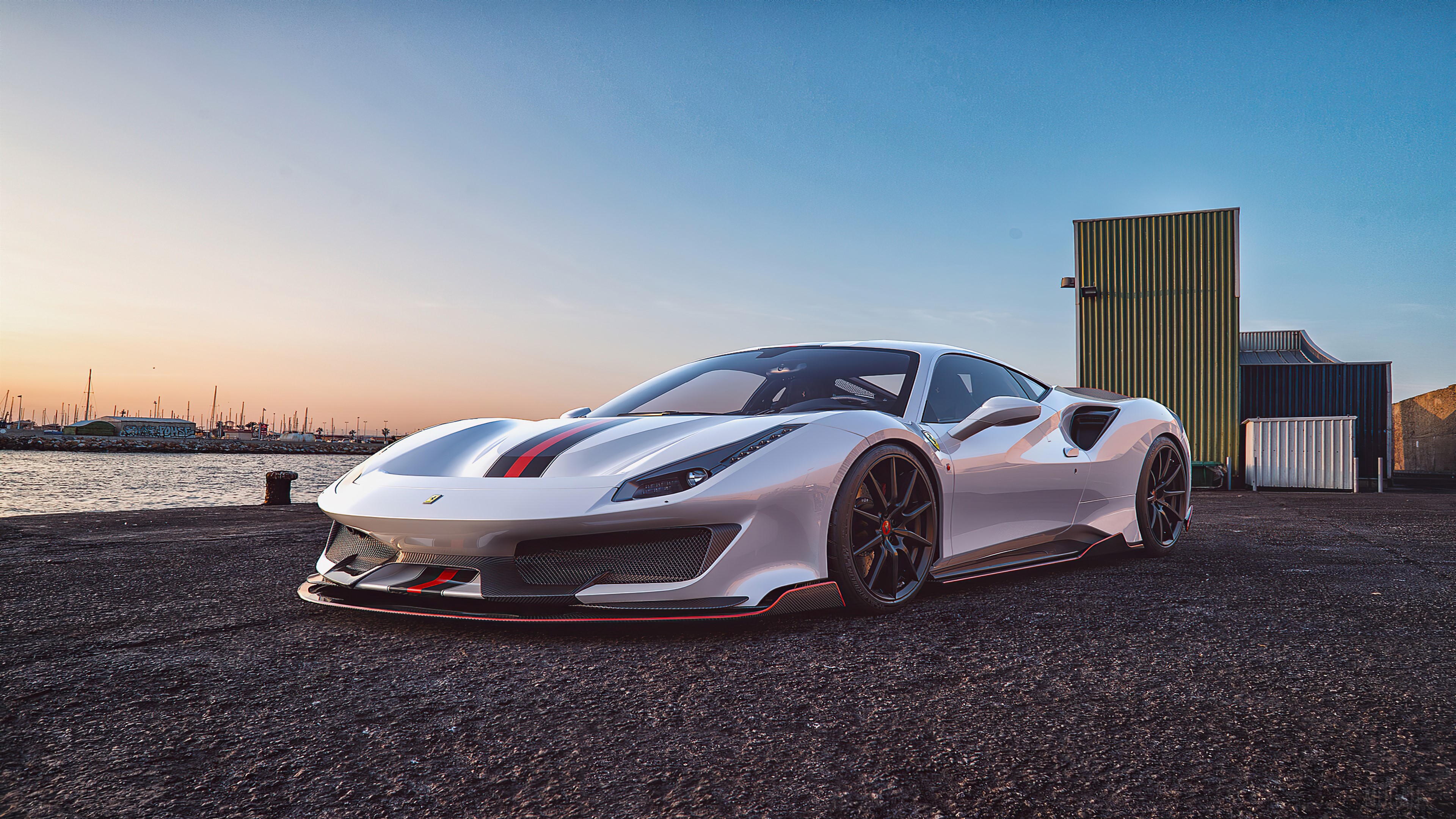 White Ferrari 488 Pista with Red Stripes 4K HD Wallpaper