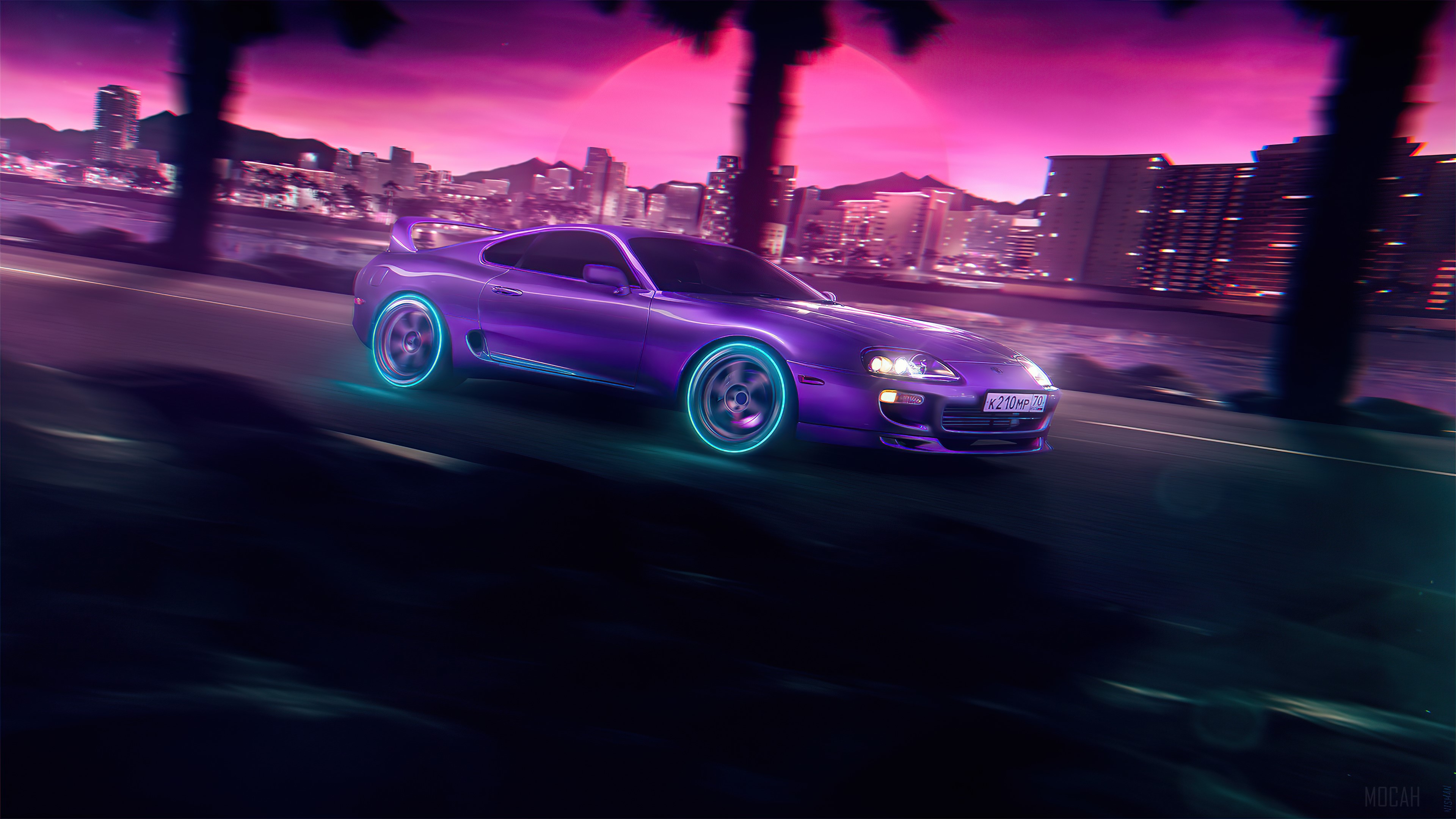 Purple Toyota Supra with Neon Wheels on City Road 4K HD Wallpaper