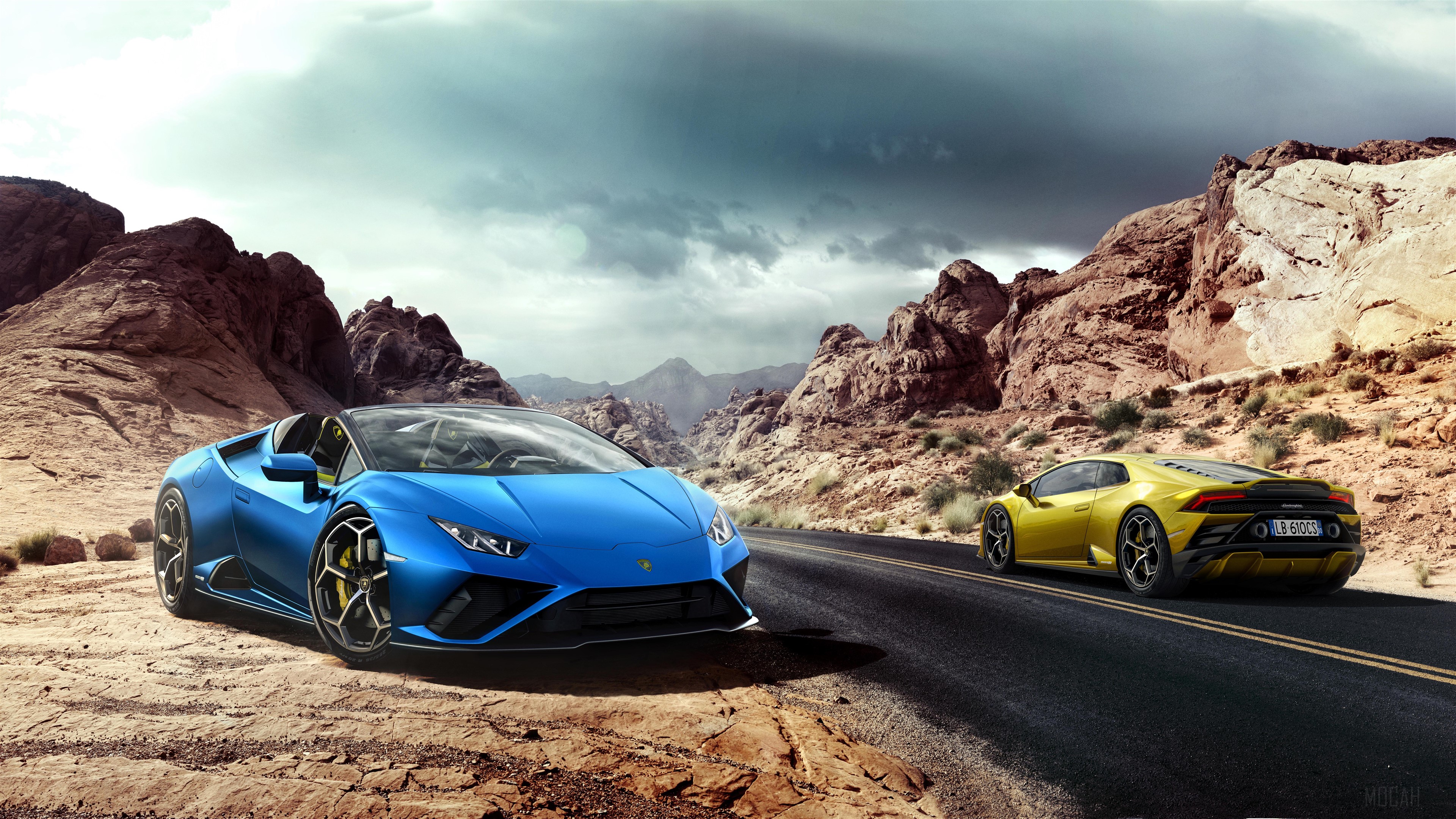 Blue and yellow Lamborghini Huracan Evo Spyder 2020 4K HD Wallpaper