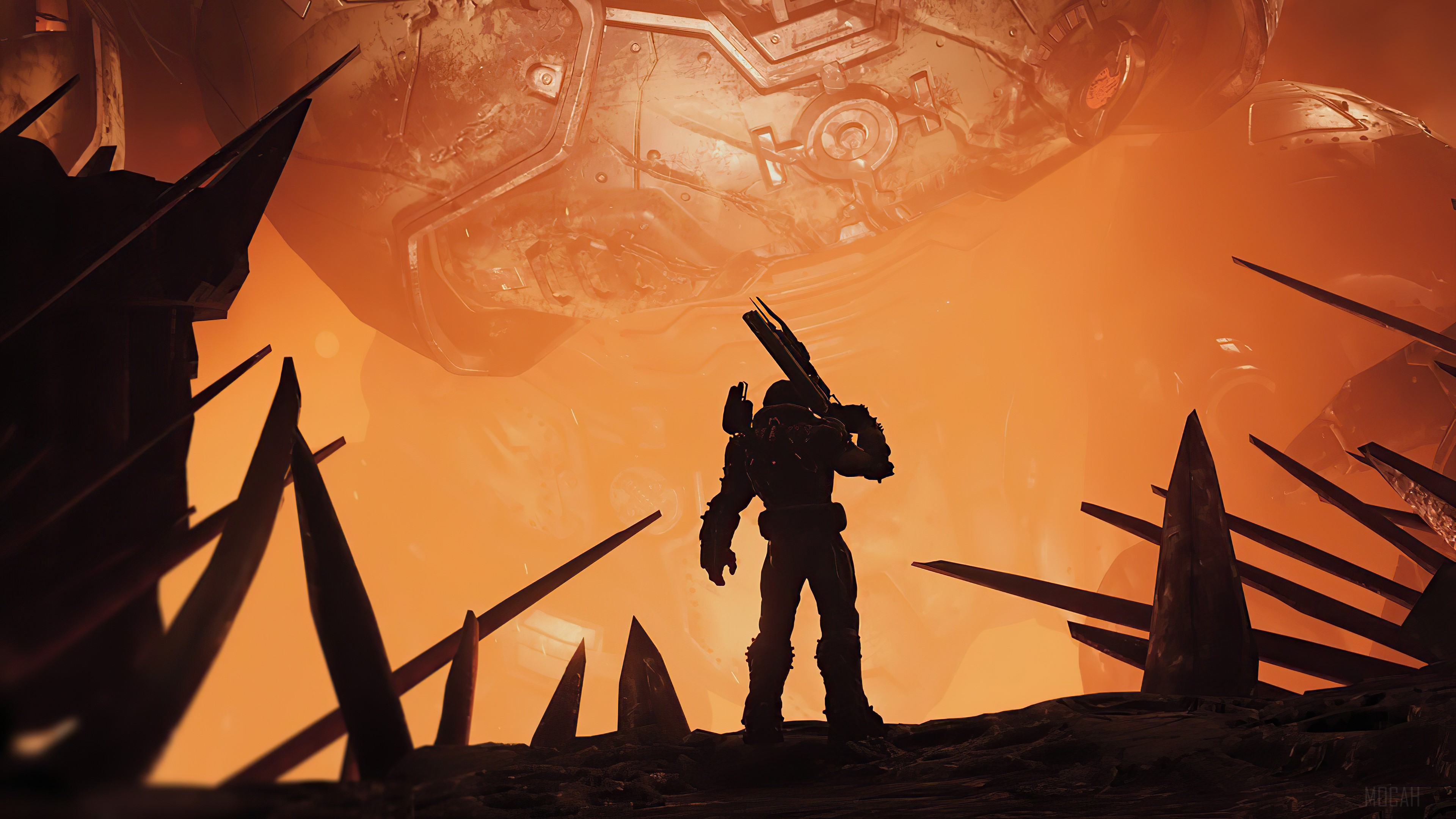 Doom Slayer in front of a giant structure HD Wallpaper