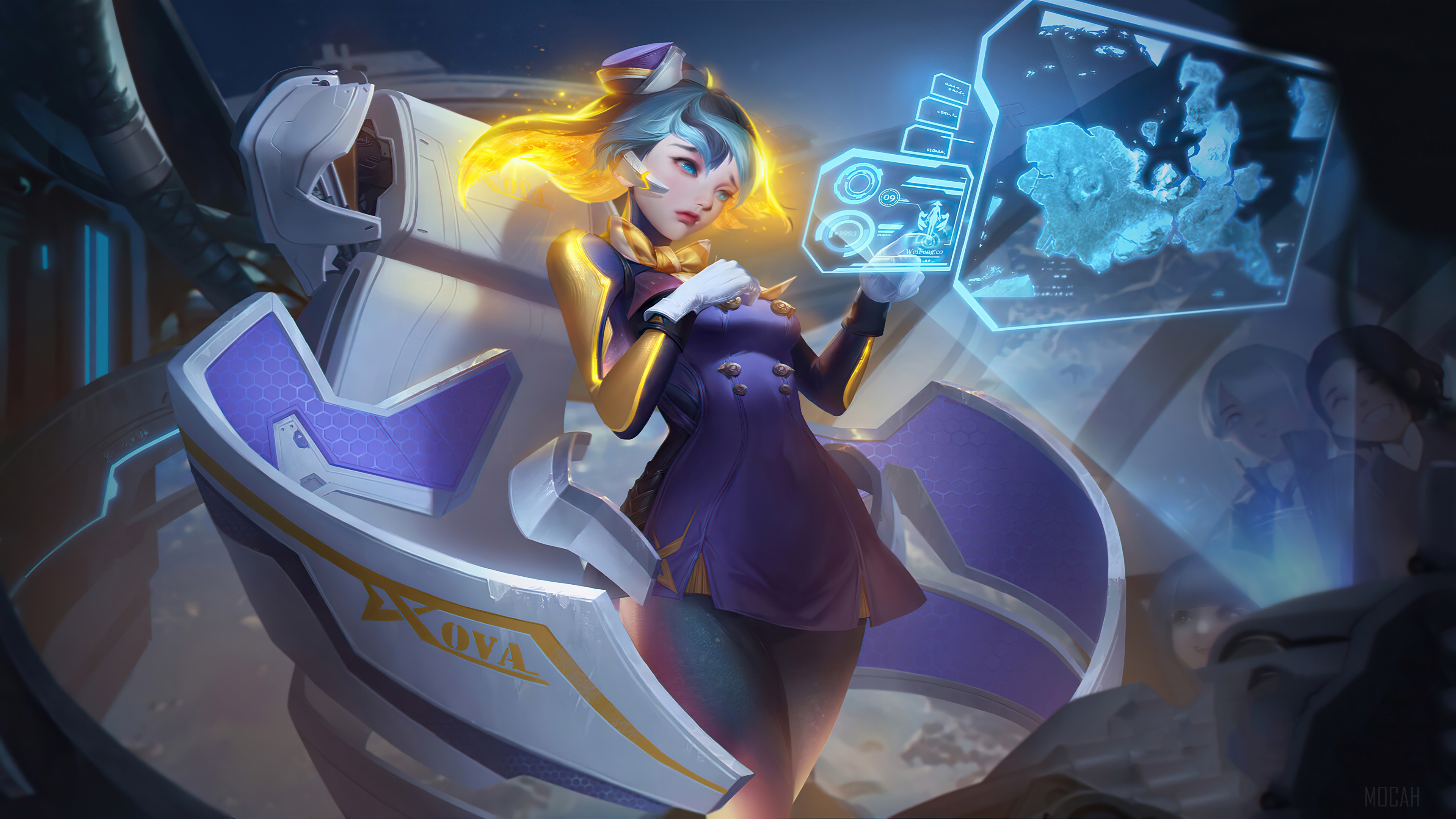 Girl in uniform interacting with holographic map in Arena of Valor 4K HD Wallpaper
