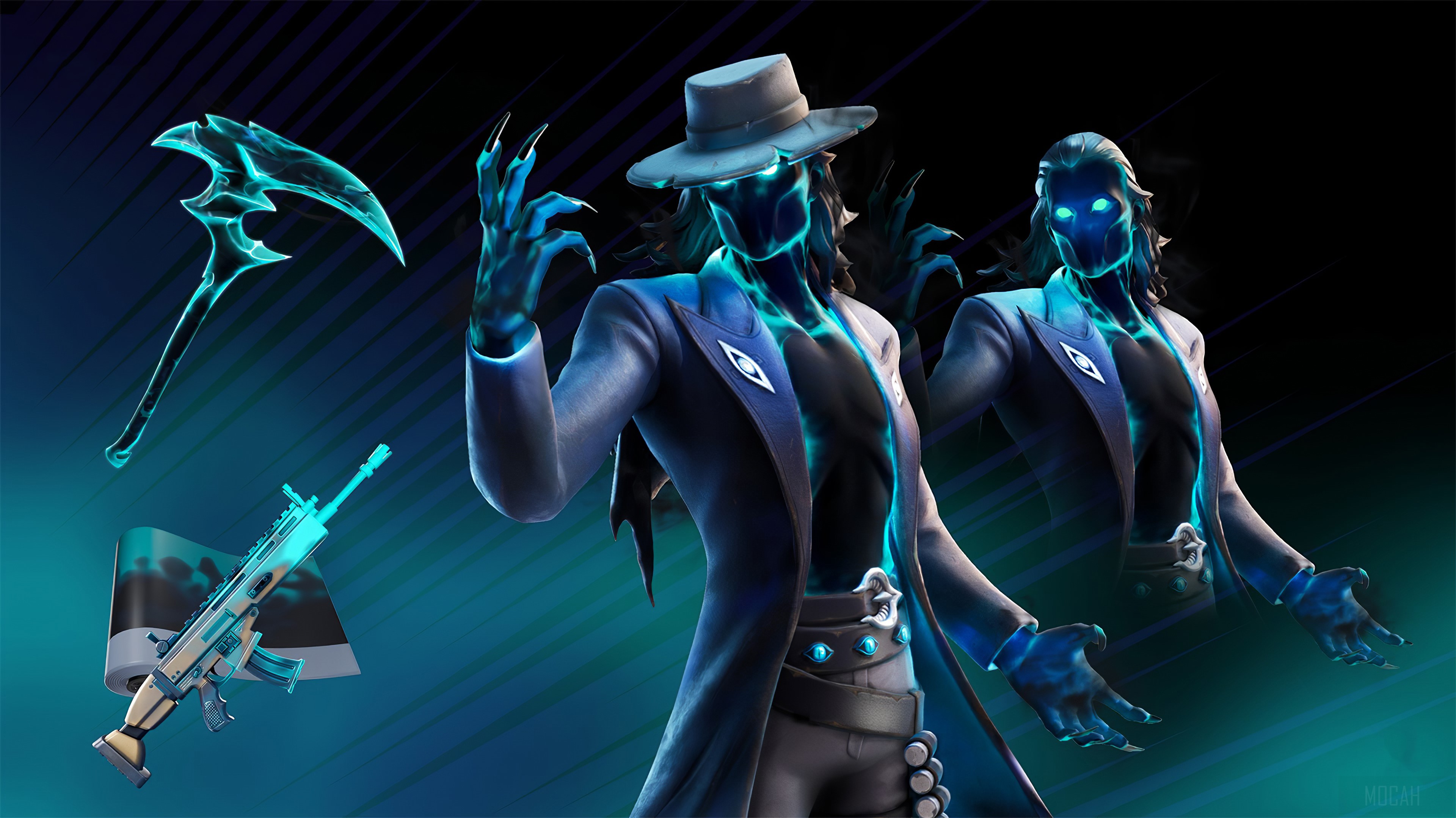 Fortnite Ghostly Character with Scythe and Rifle 4K HD Wallpaper