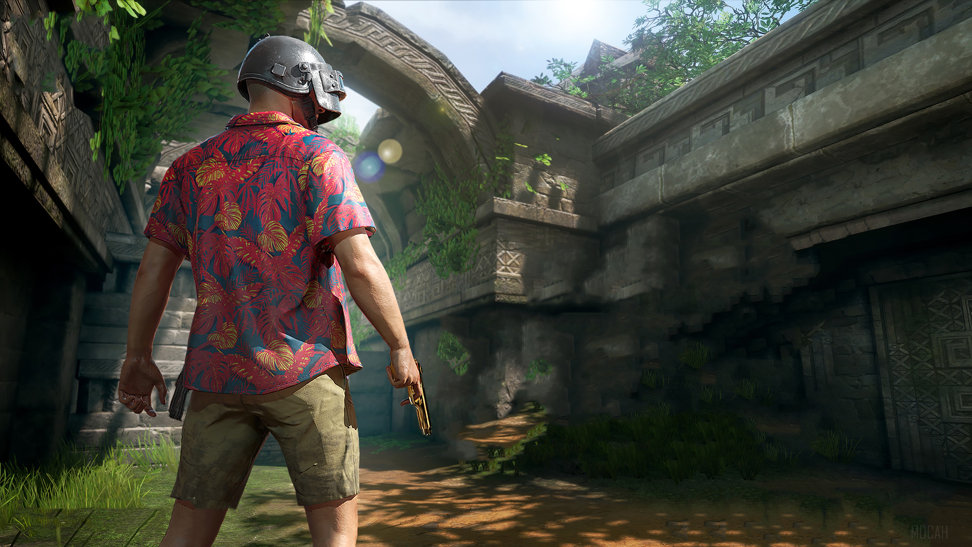 PUBG character in Hawaiian shirt with pistol HD Wallpaper