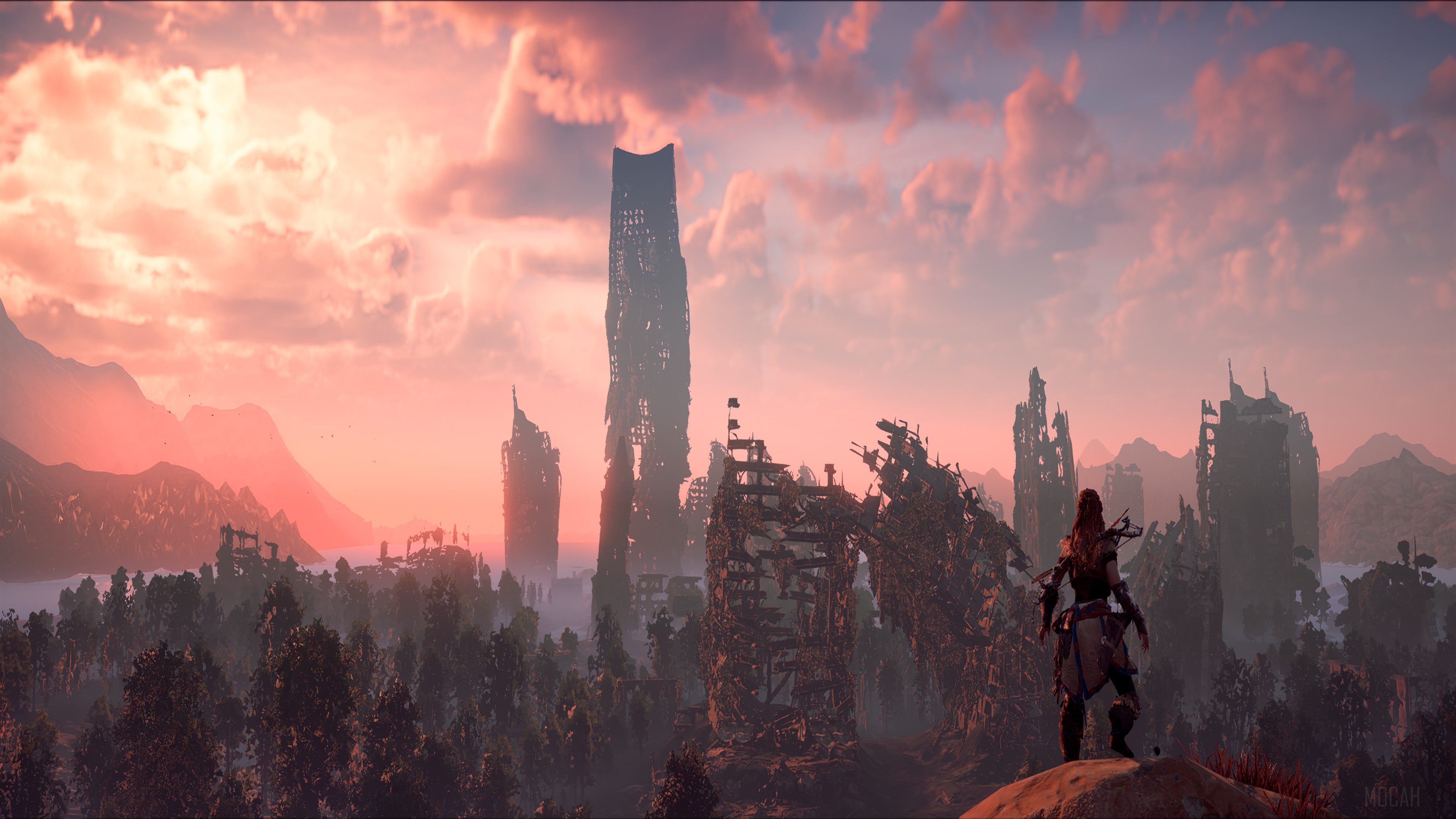 Aloy from Horizon Zero Dawn in a ruined city at sunset 4K HD Wallpaper