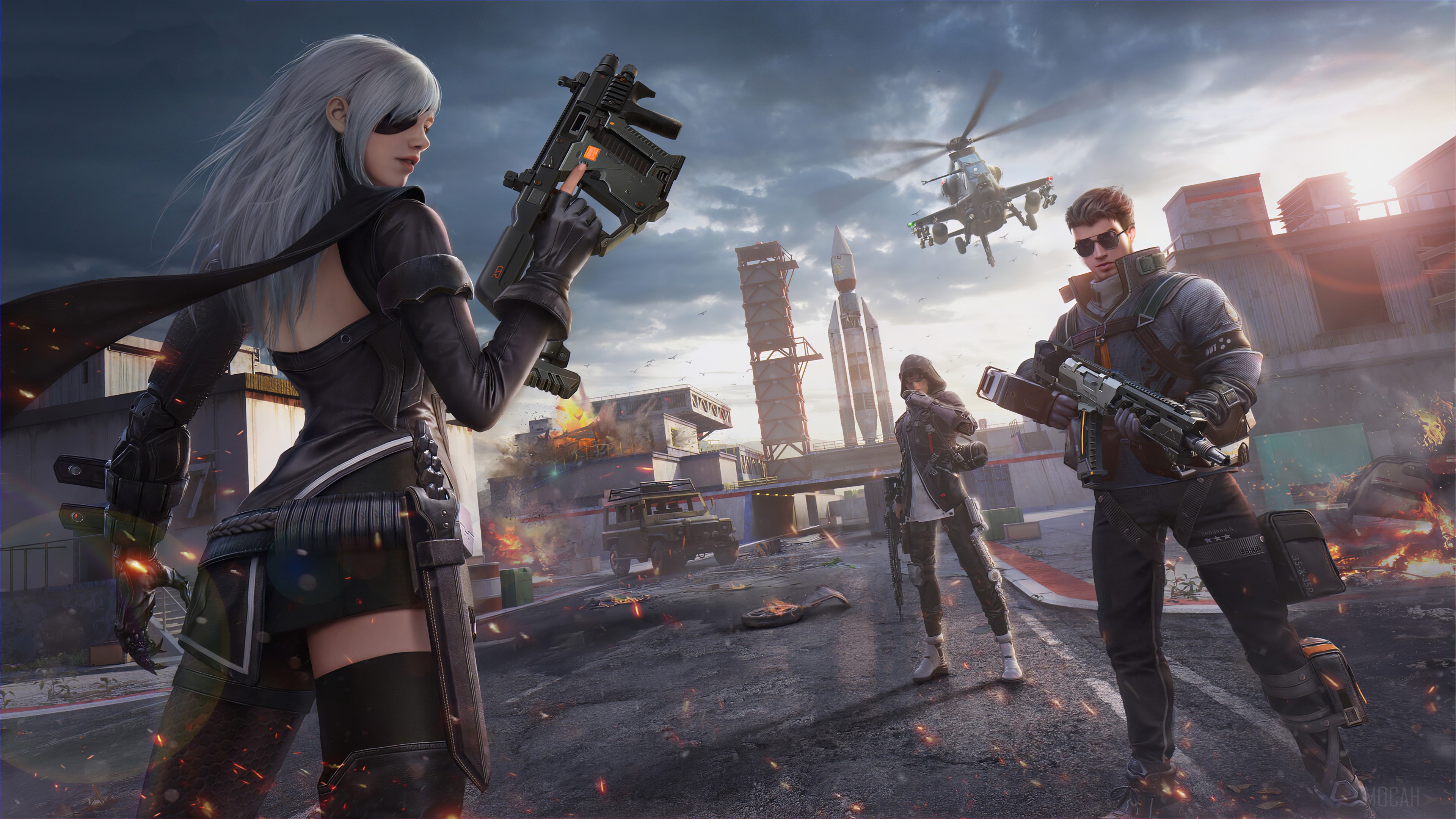 Characters with weapons in a battle scene 4K HD Wallpaper