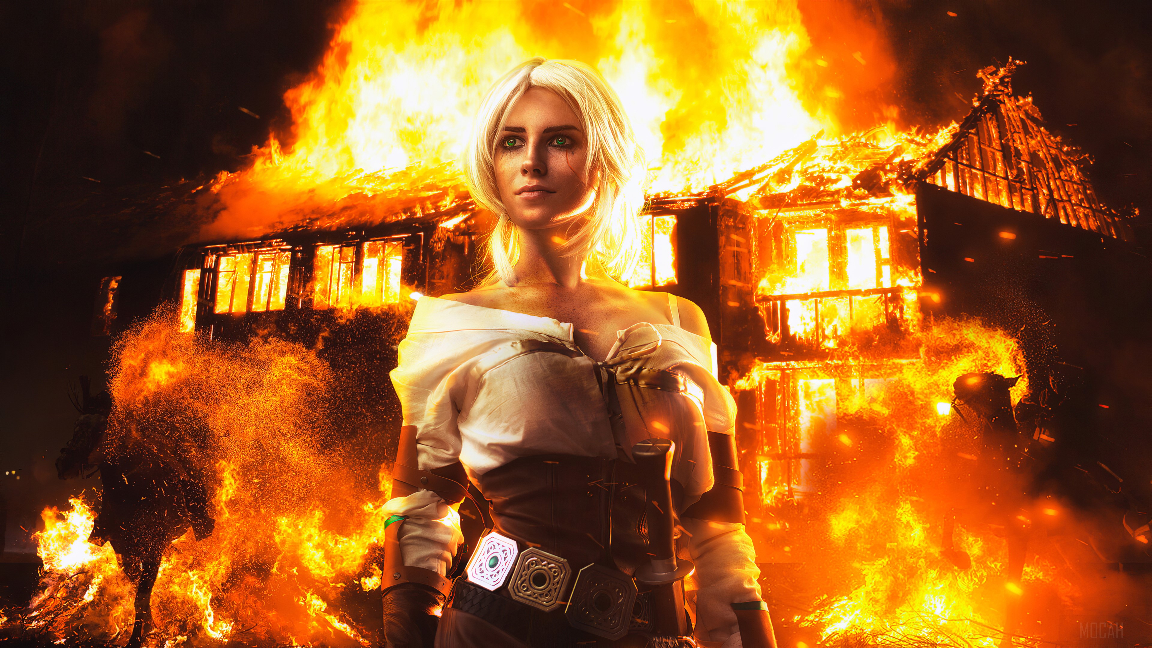 Ciri from The Witcher in front of a burning house 4K HD Wallpaper