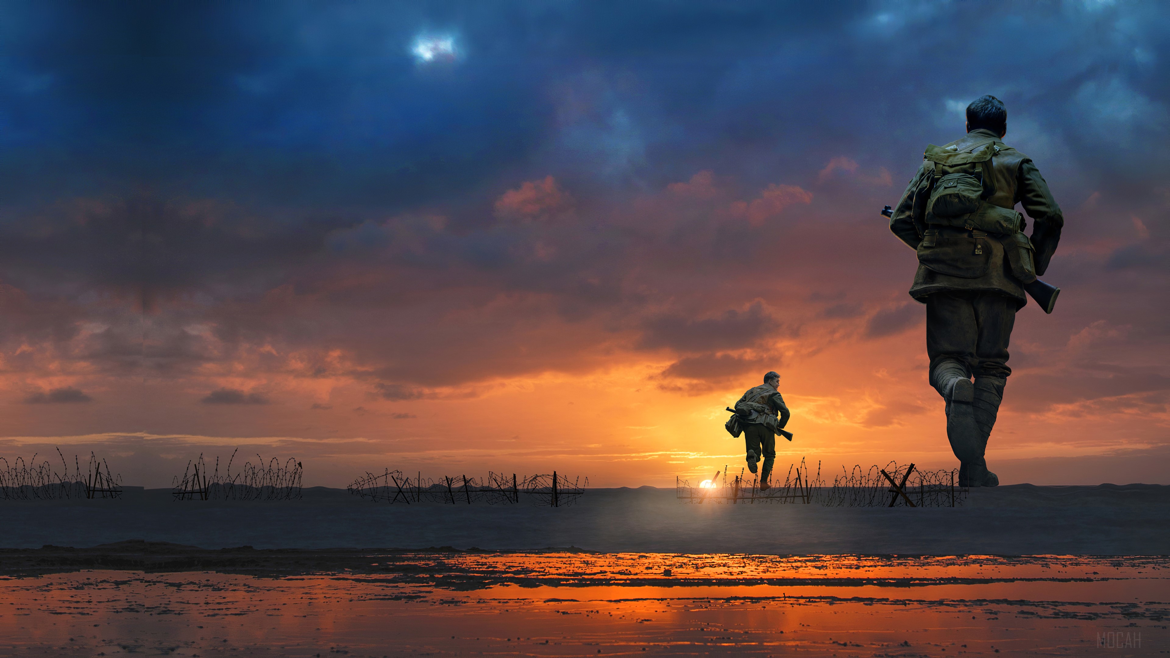 Soldiers running through barbed wire at sunset HD Wallpaper