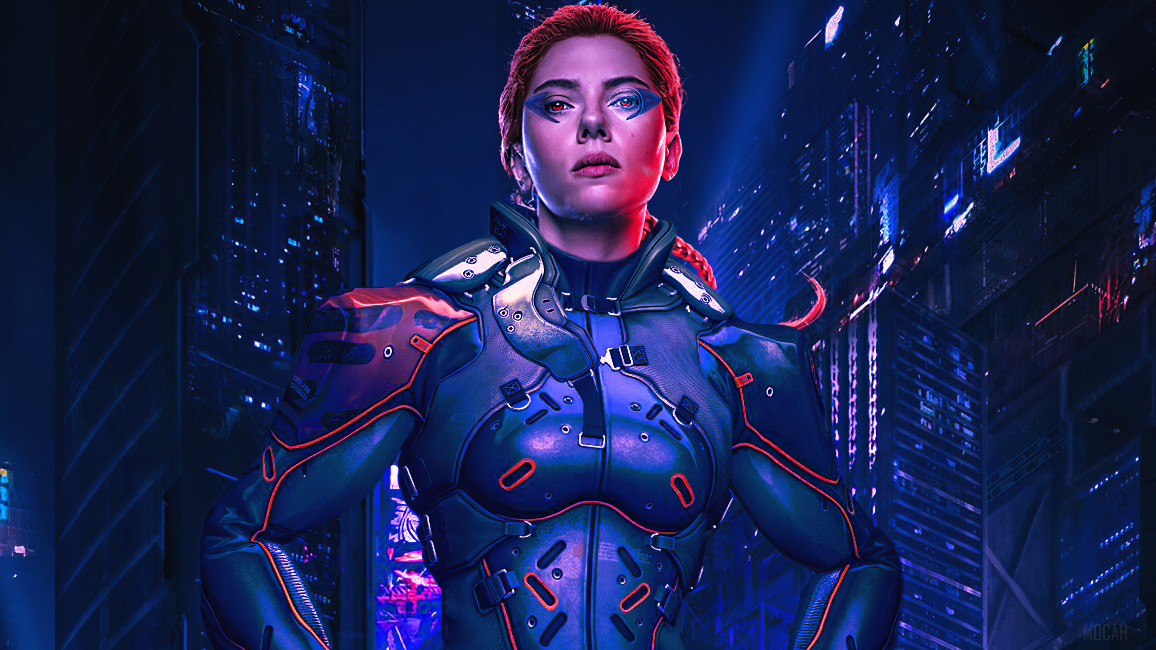 Black Widow in Cyberpunk City 4K HD Wallpaper