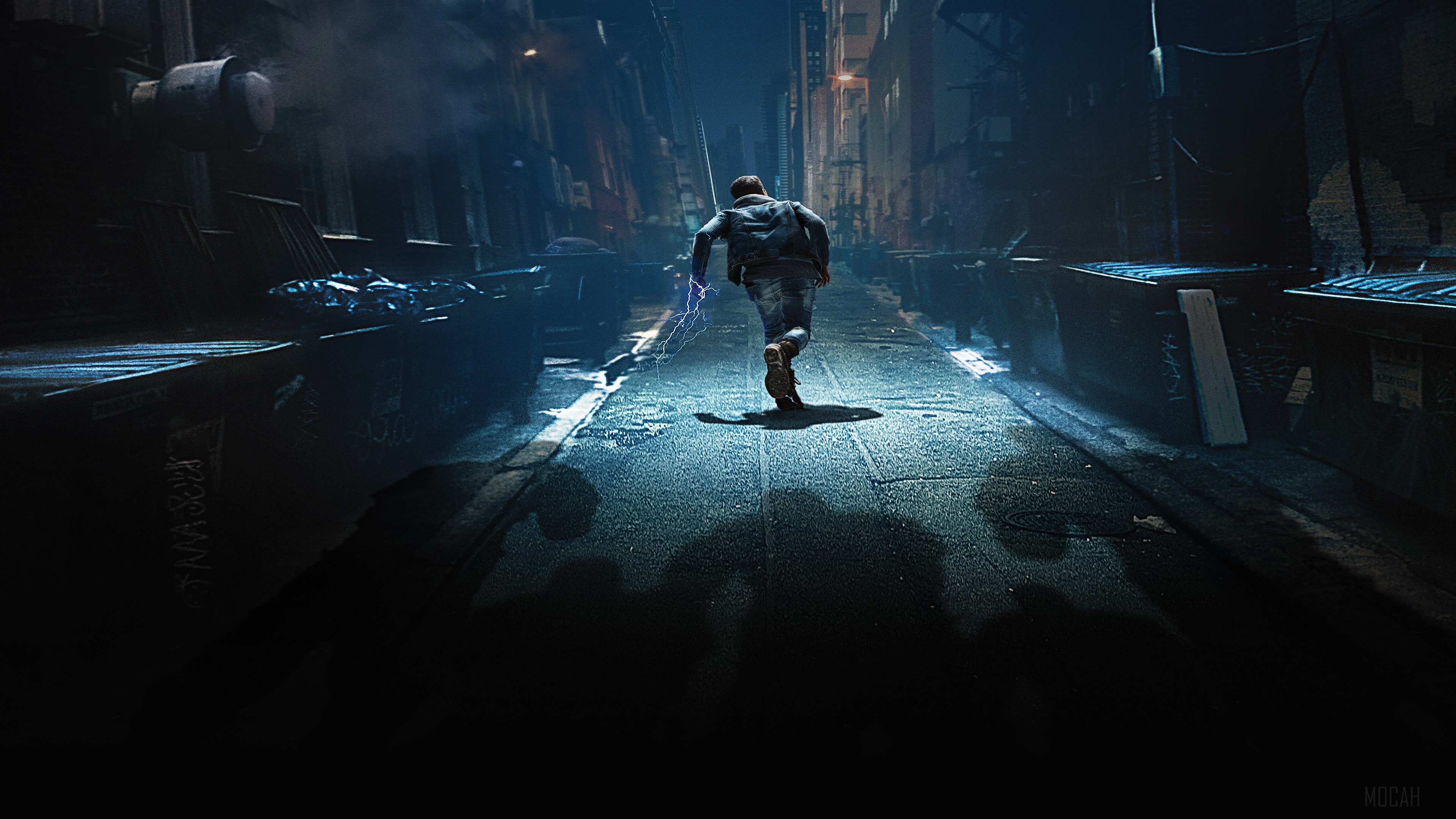 Man running in alley with lightning HD Wallpaper