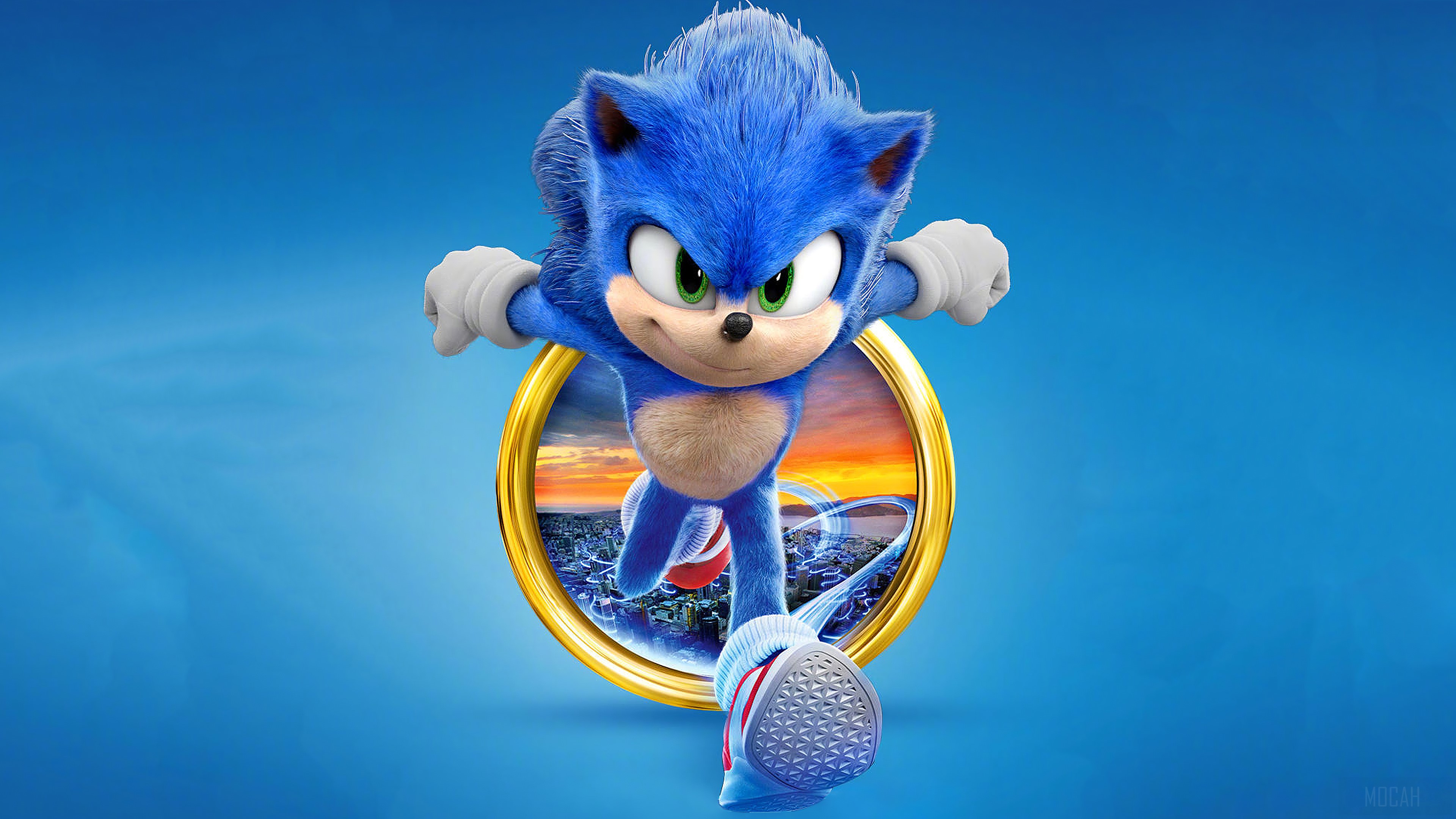 Sonic the Hedgehog running through a golden ring 4K HD Wallpaper