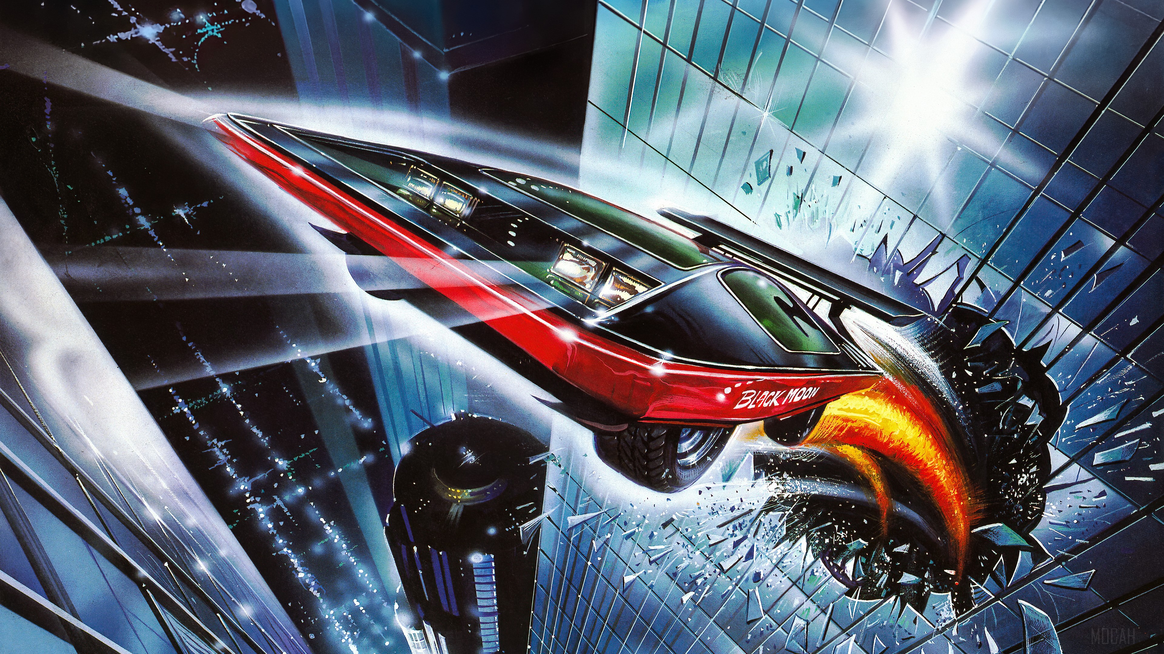 Black Moon car crashing through building 4K HD Wallpaper