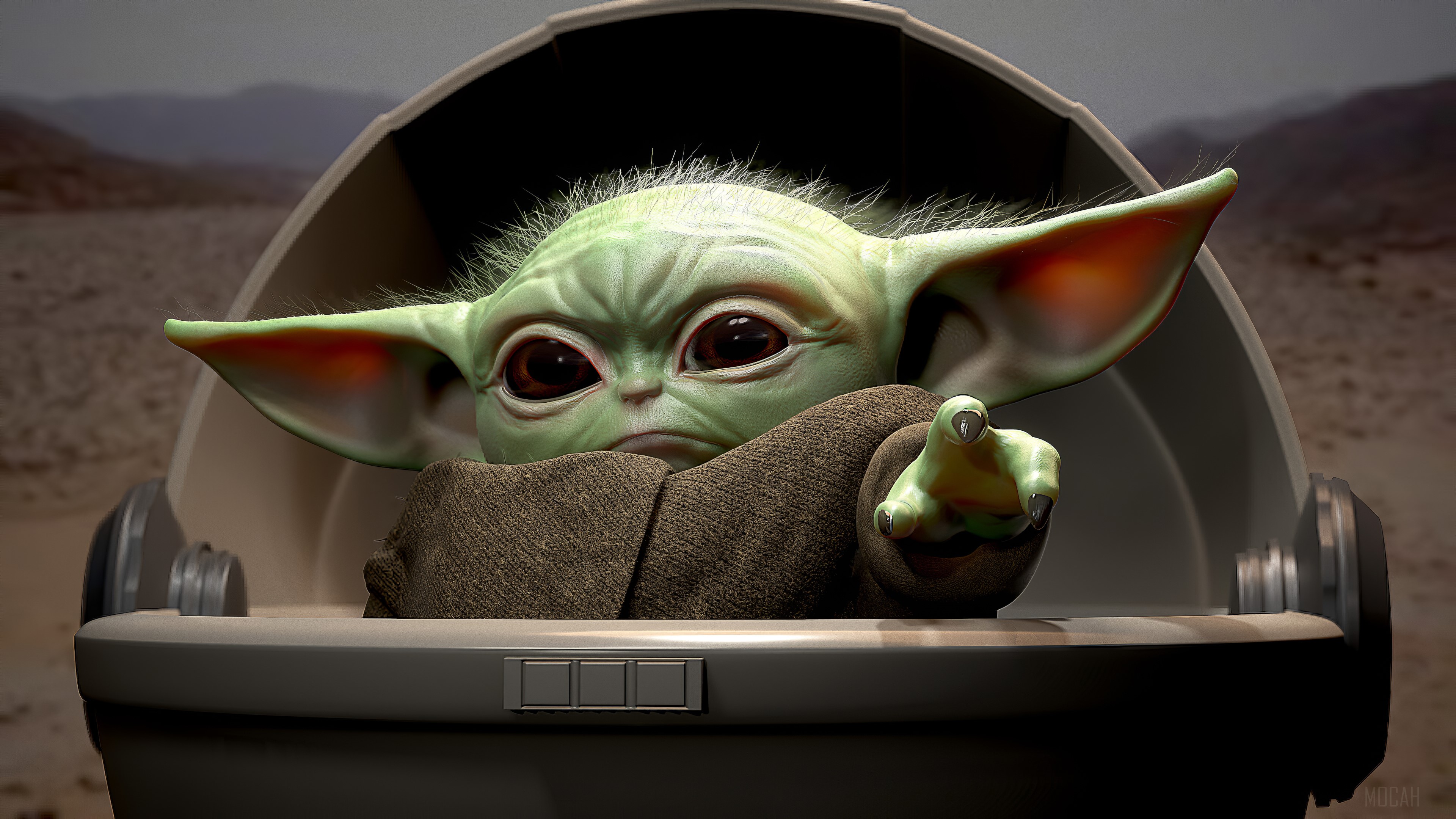 Baby Yoda from Star Wars in a hover pram HD Wallpaper