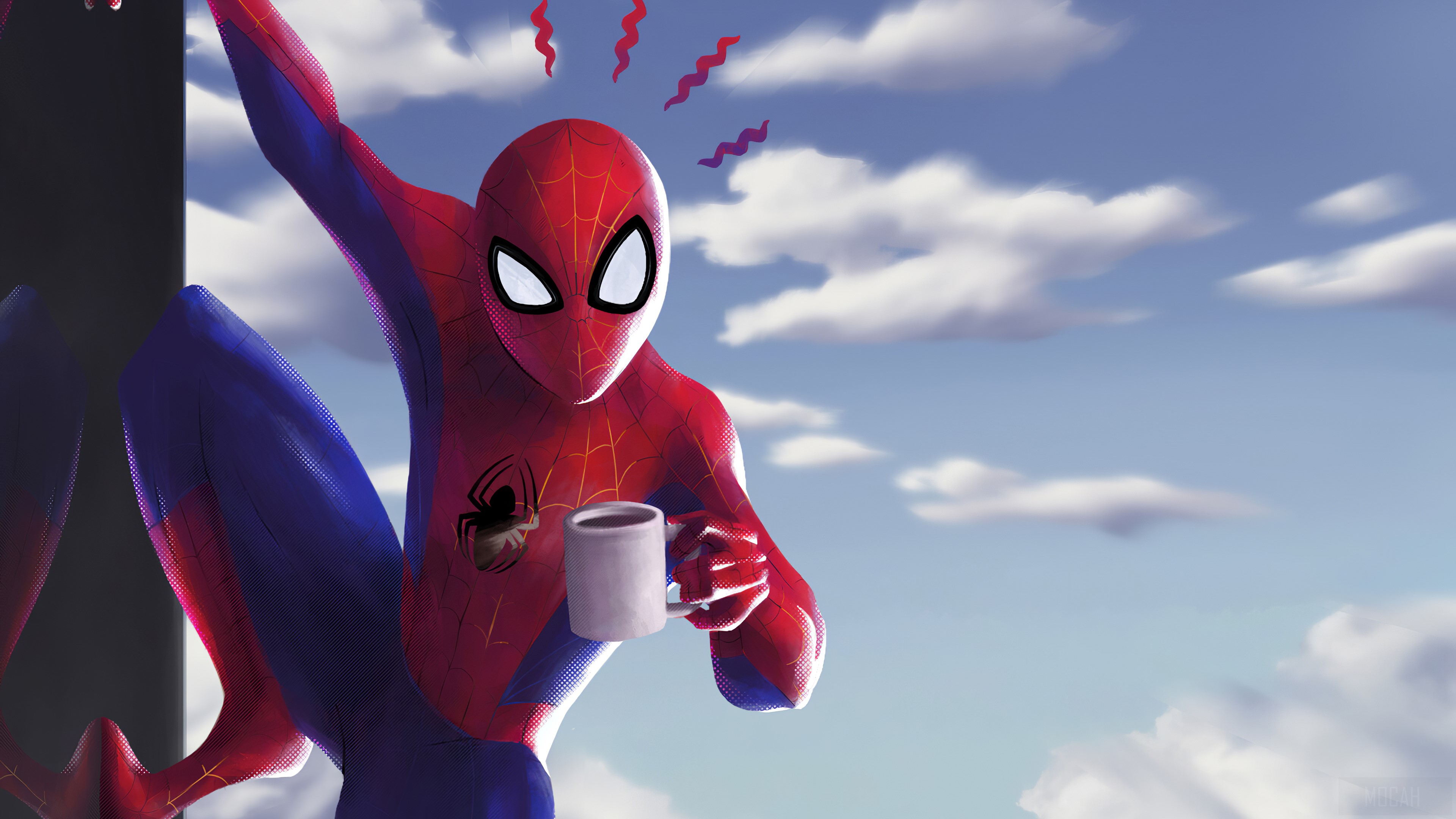 Spider-Man holding a coffee mug 4K HD Wallpaper