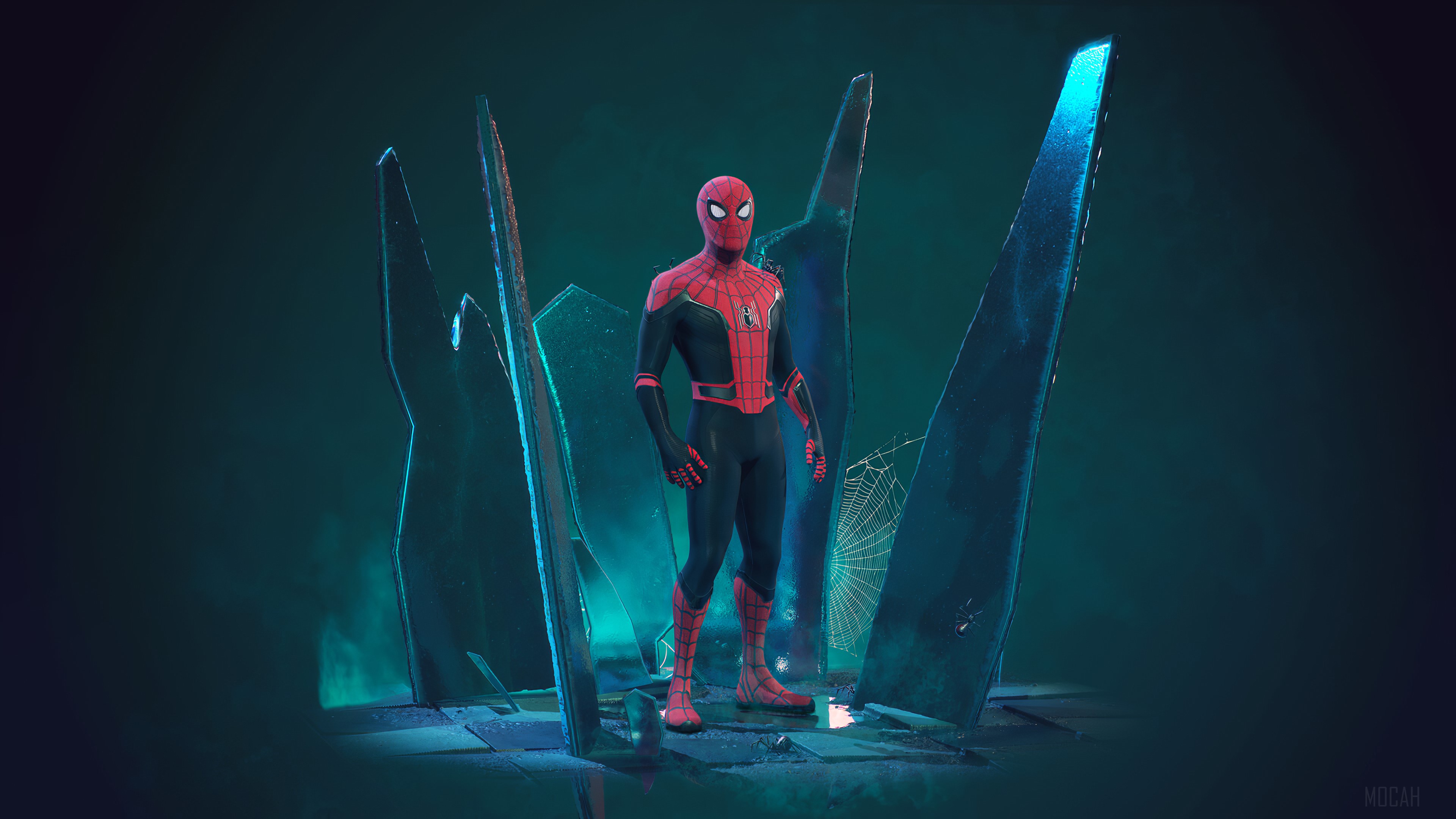 Spider-Man standing among broken glass shards HD Wallpaper