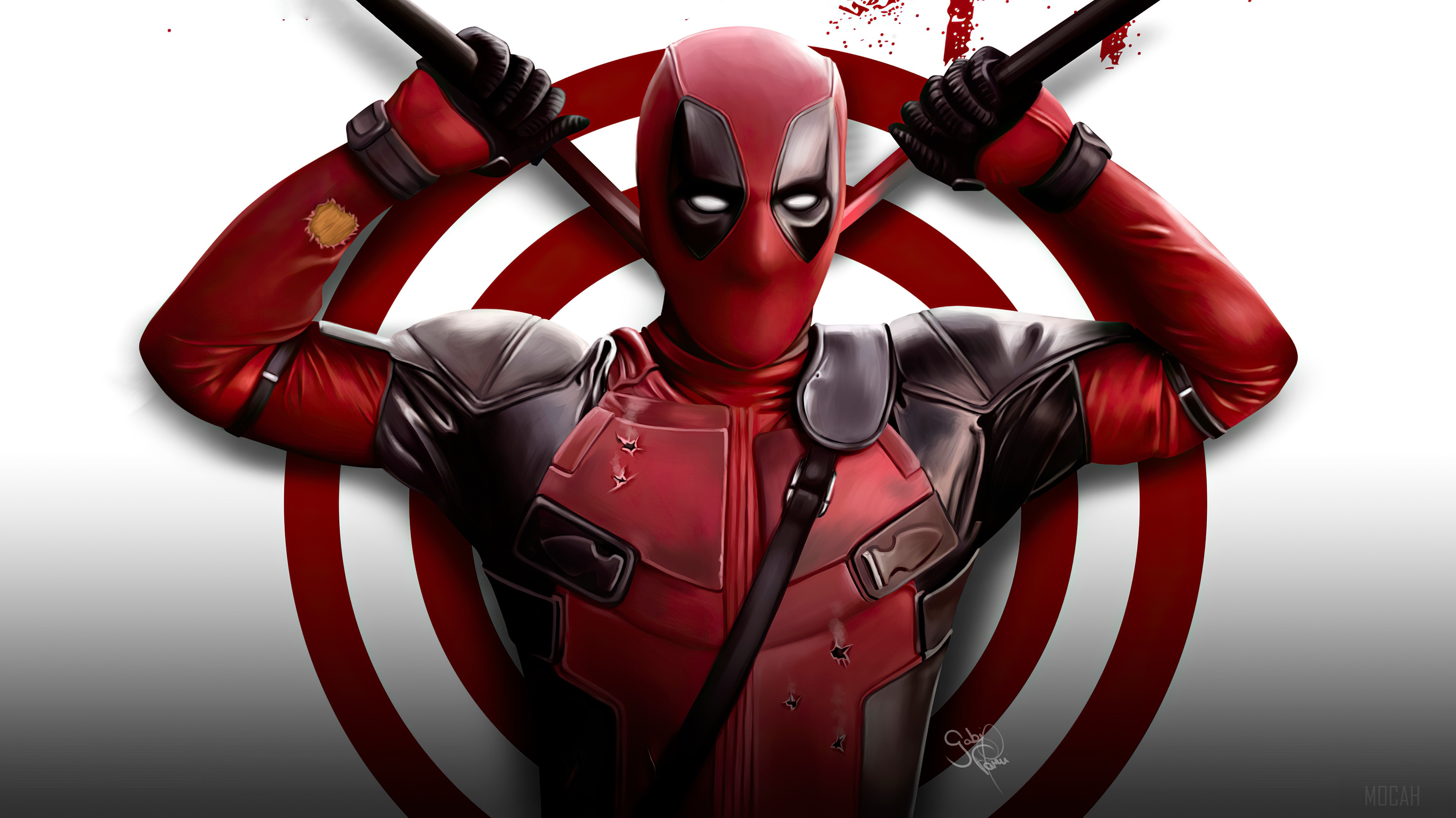 Deadpool with swords and target background 4K HD Wallpaper