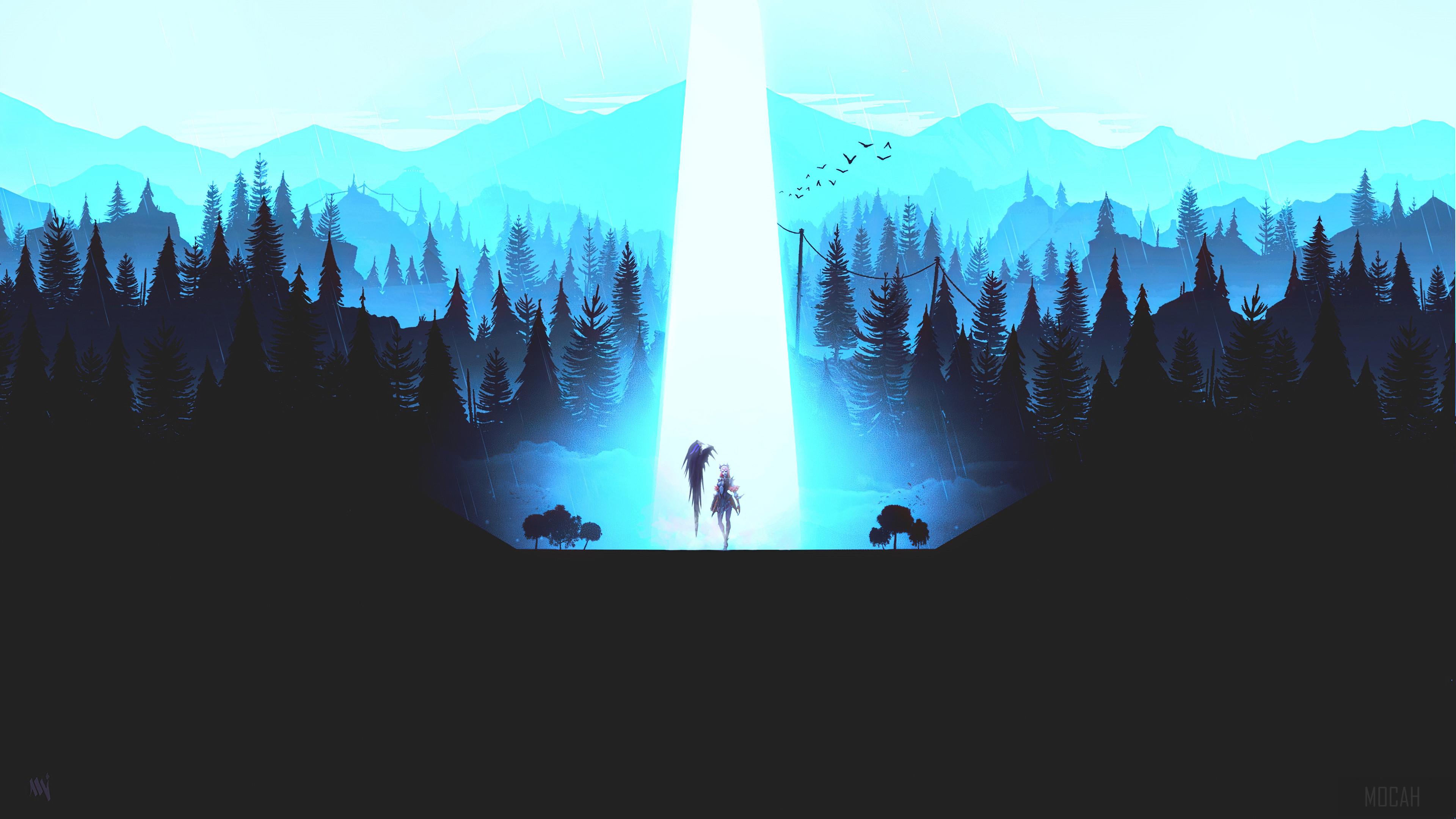 Two figures in a beam of light in a forest HD Wallpaper