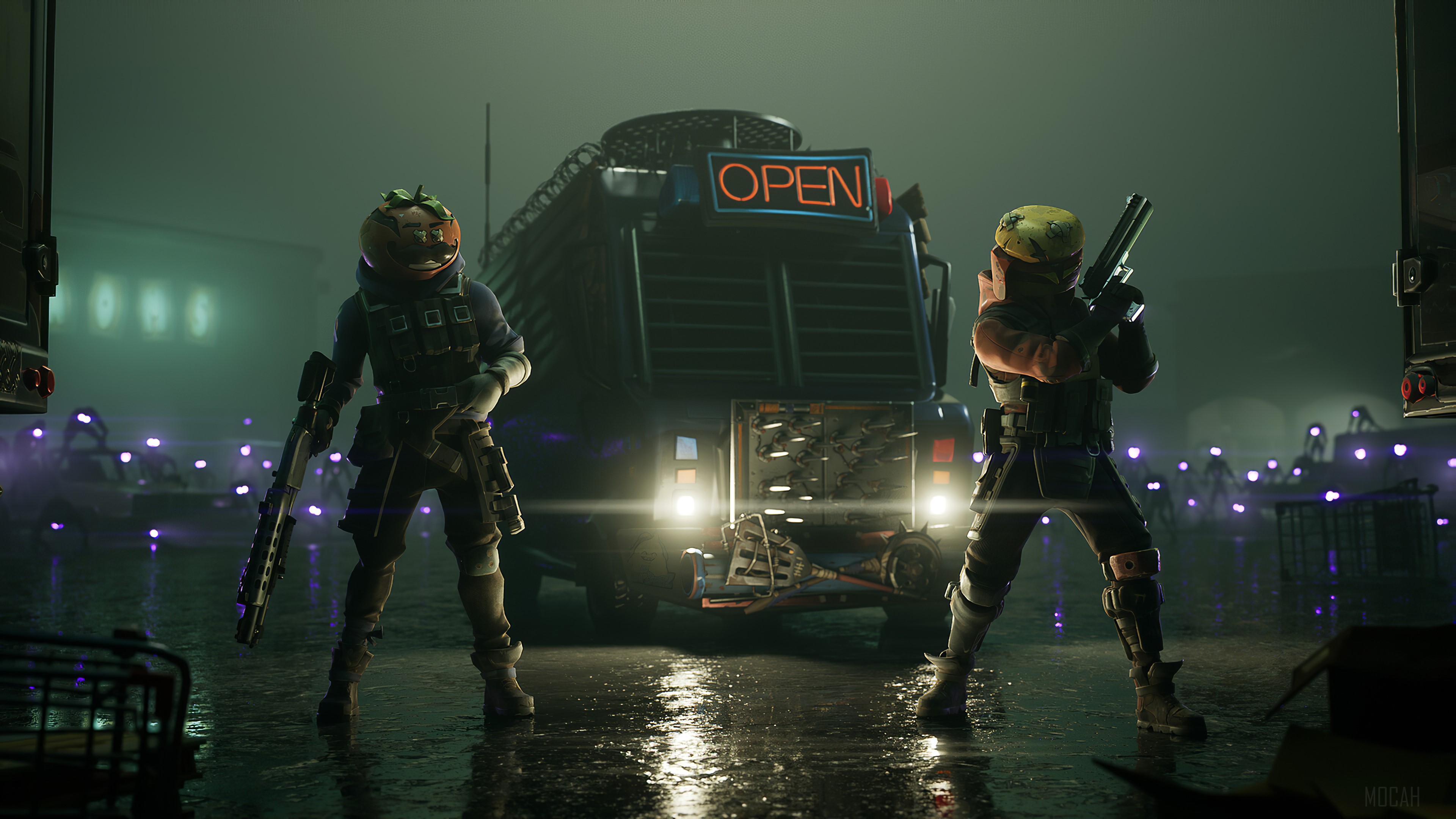 Fortnite characters with guns in front of a truck HD Wallpaper