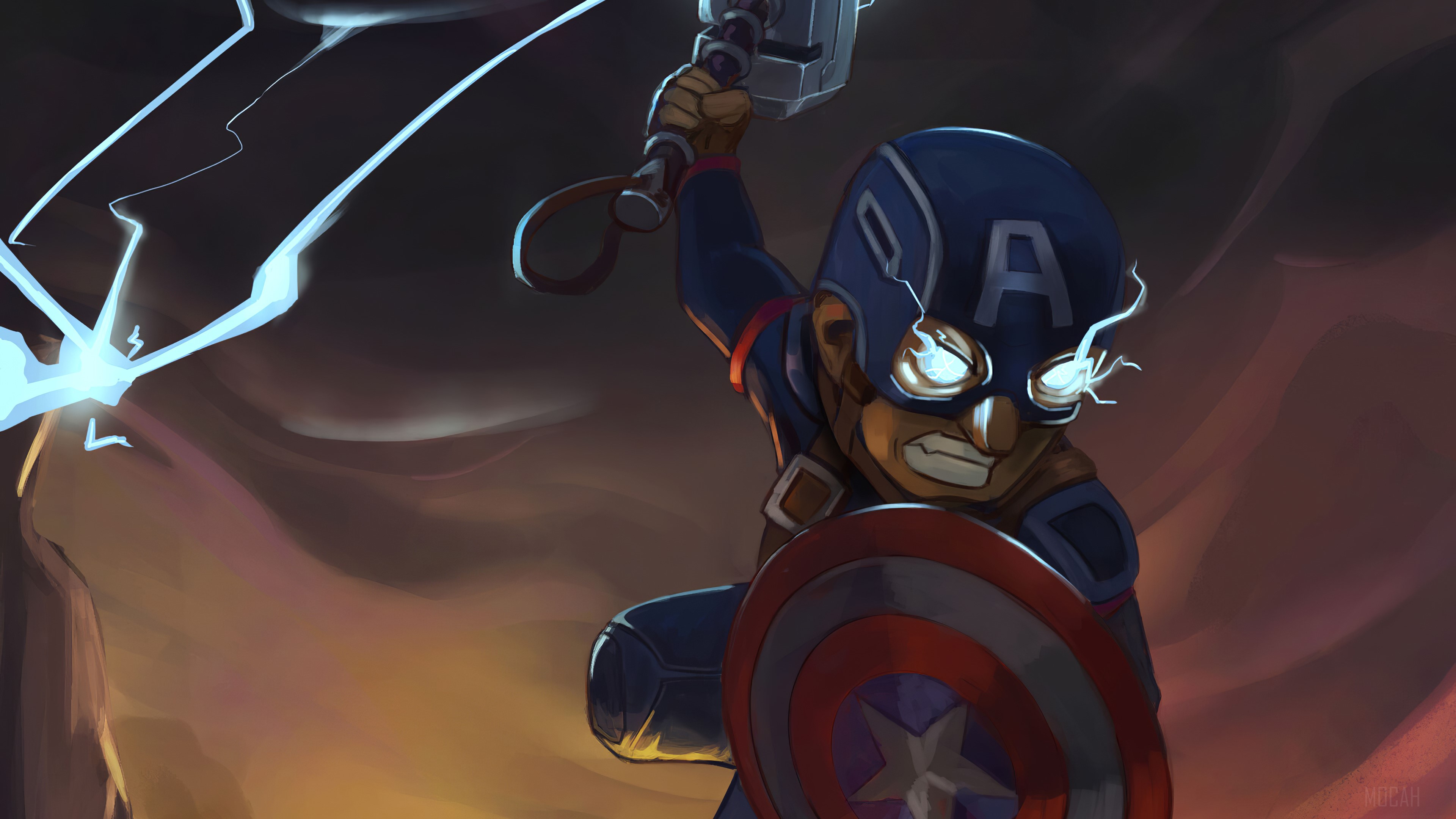 Captain America with Thor's Hammer and Lightning 4K HD Wallpaper