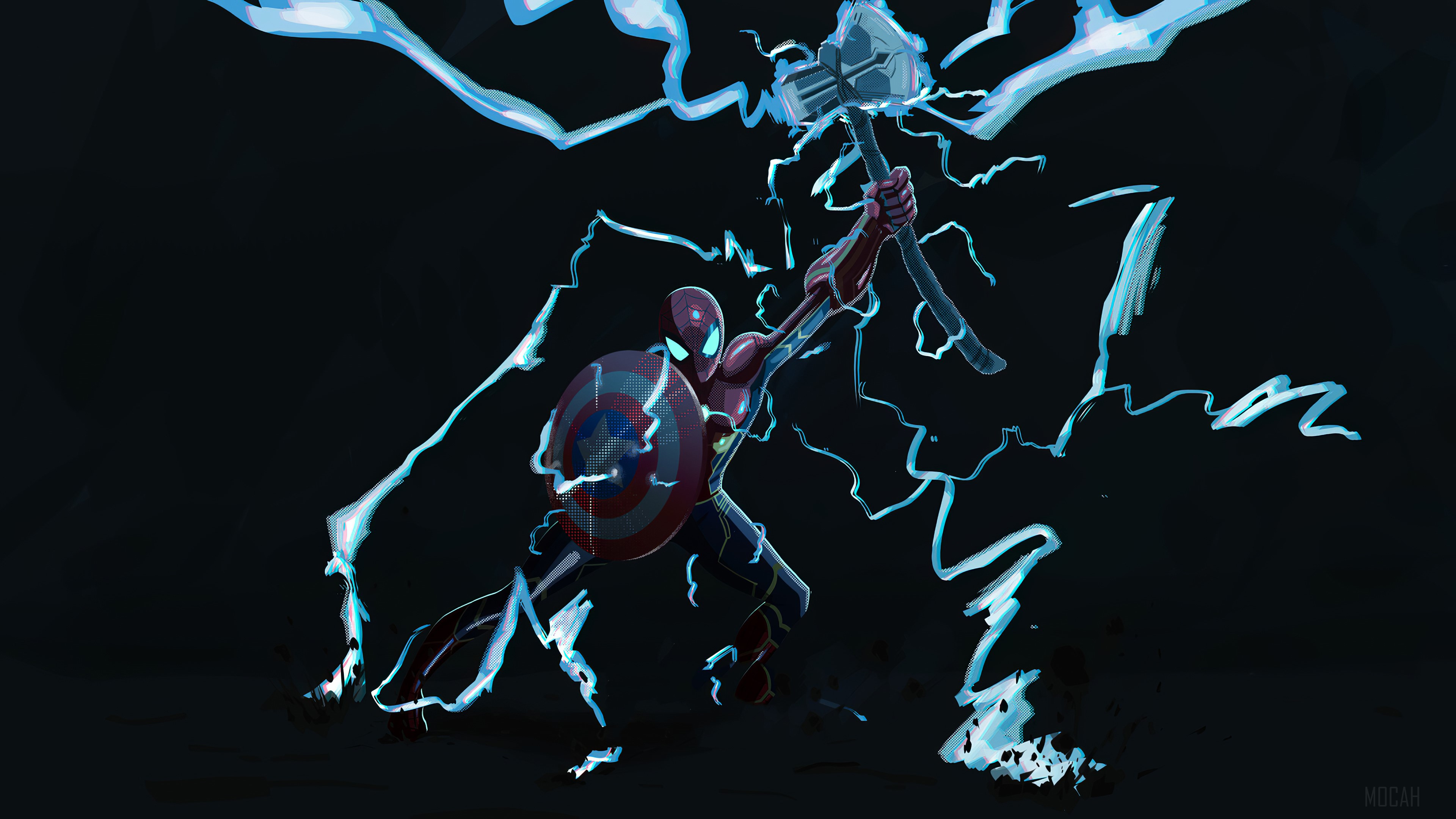 Spider-Man with Thor's Hammer and Captain America's Shield HD Wallpaper