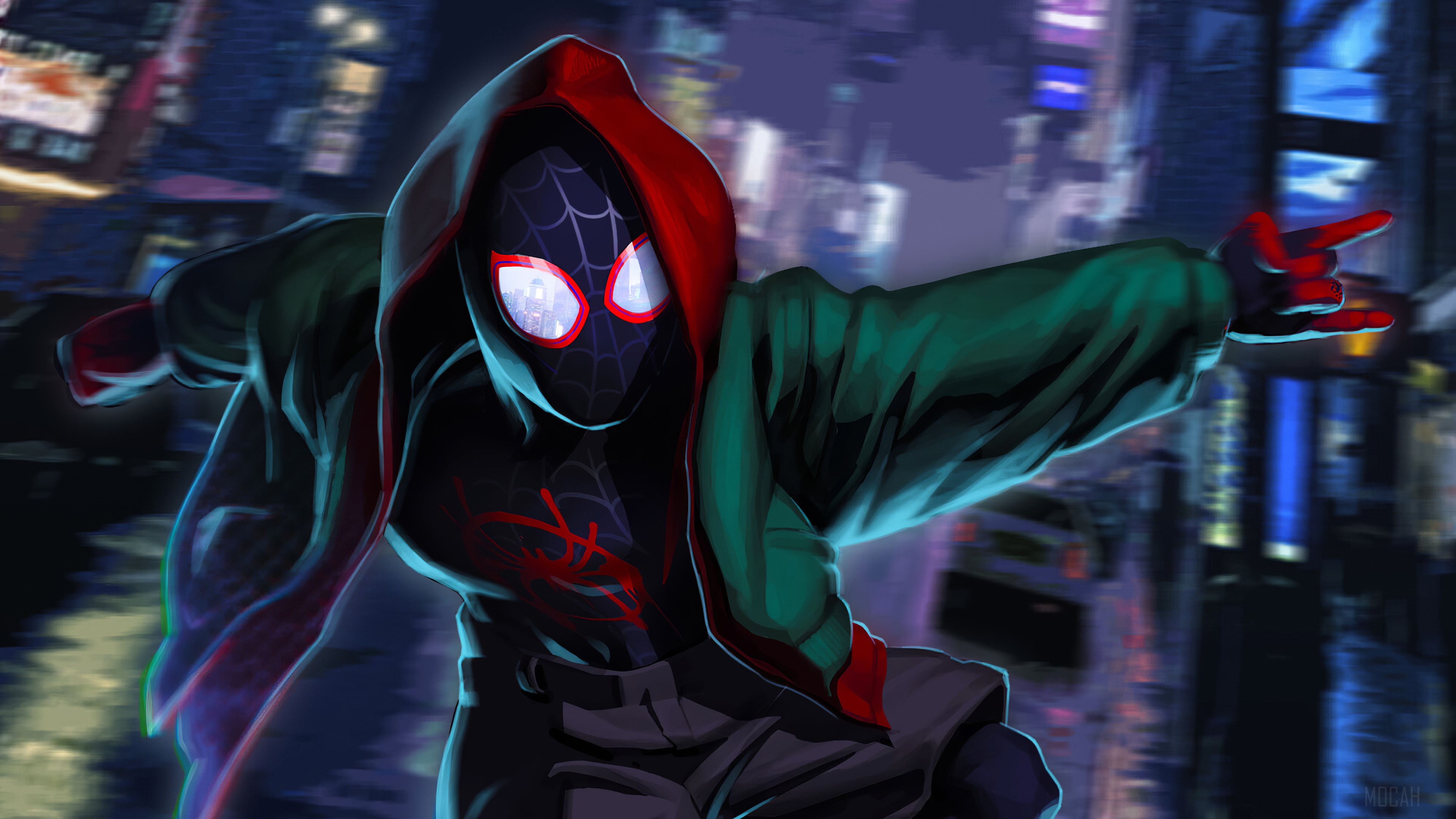 Spider-Man in a hoodie swinging through a city at night HD Wallpaper