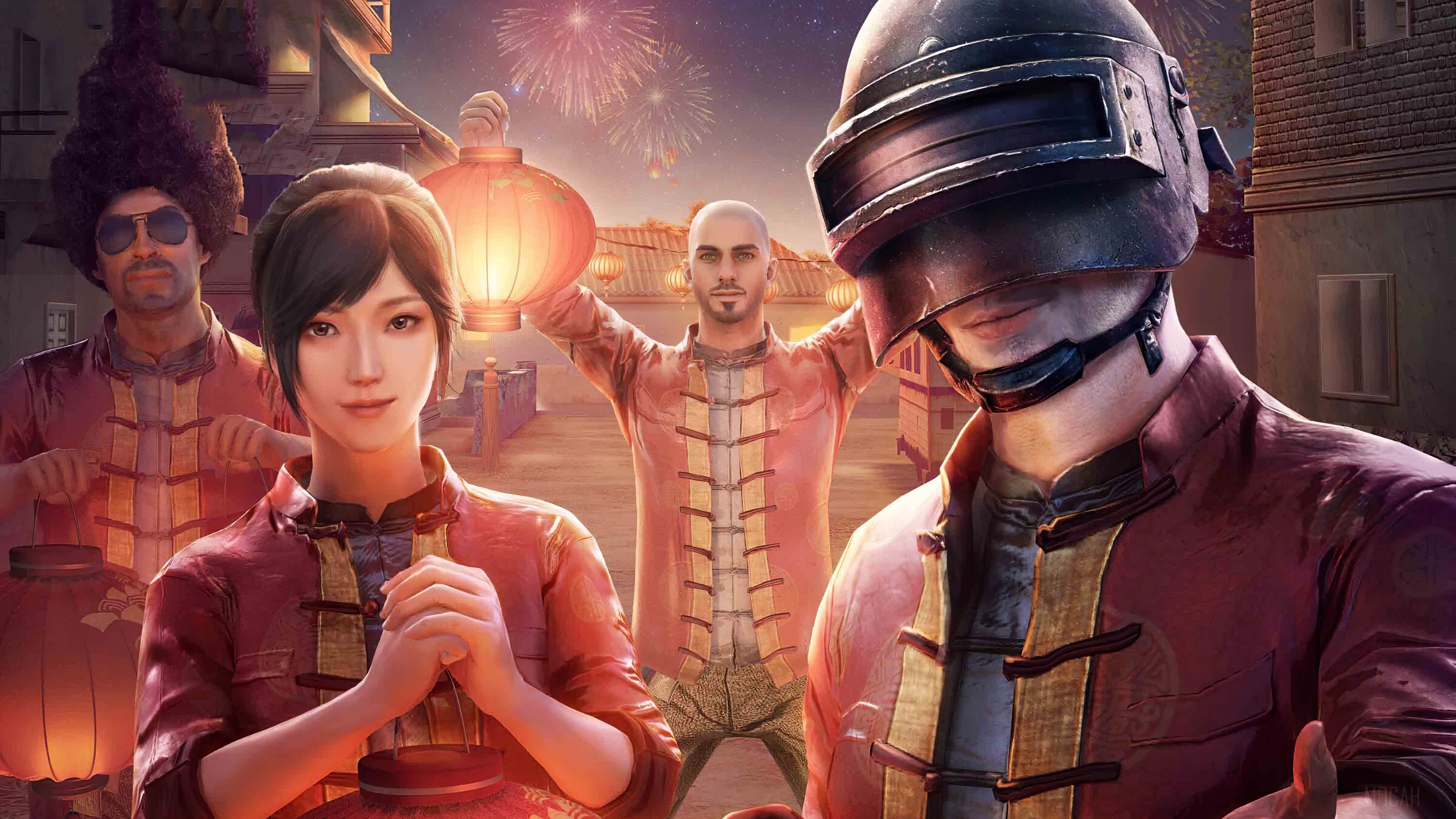 PUBG characters celebrating with lanterns and fireworks HD Wallpaper
