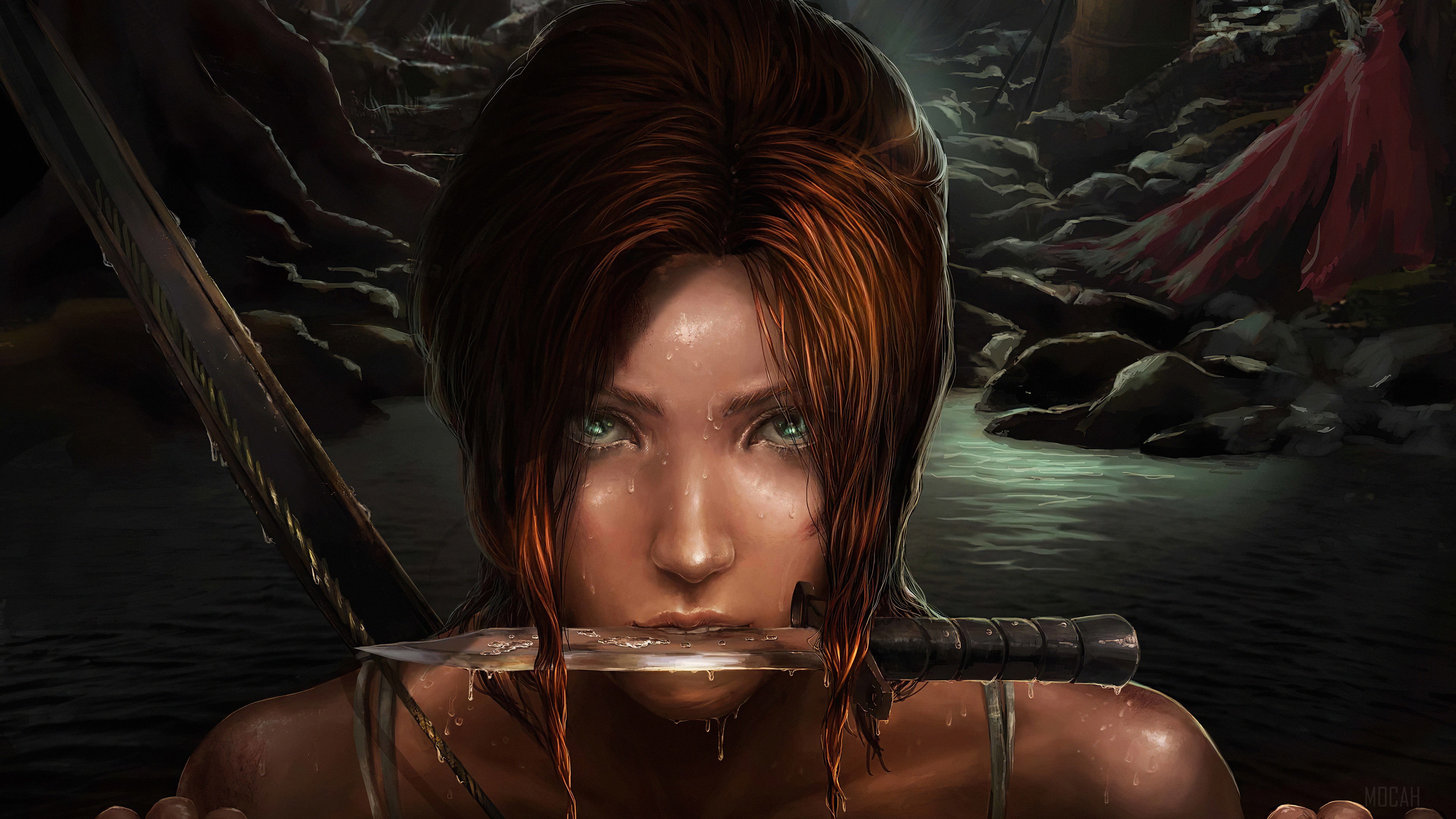 Lara Croft from Tomb Raider holding a knife 4K HD Wallpaper