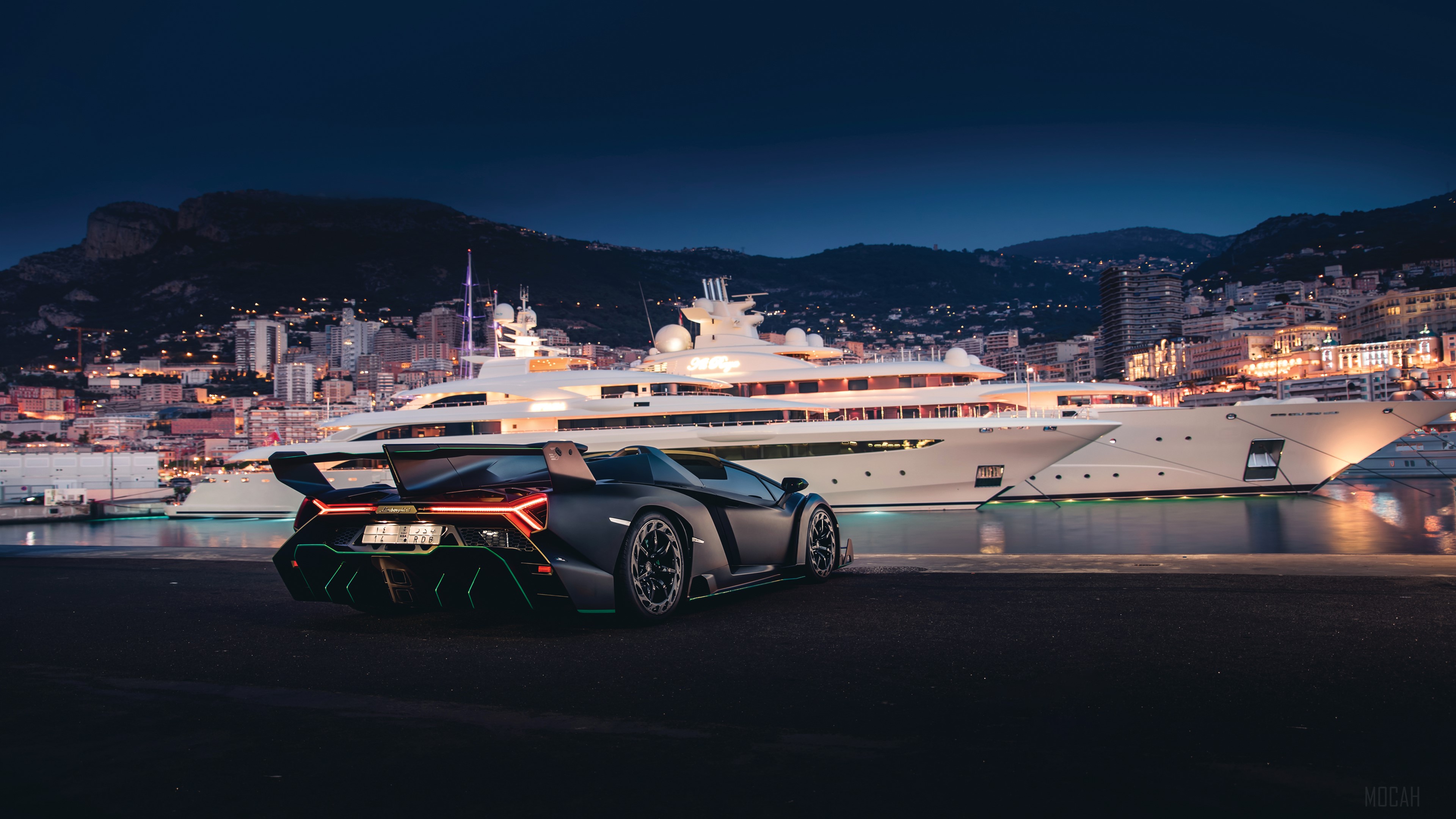 Lamborghini Veneno Roadster in Monaco Harbor at Night HD Wallpaper