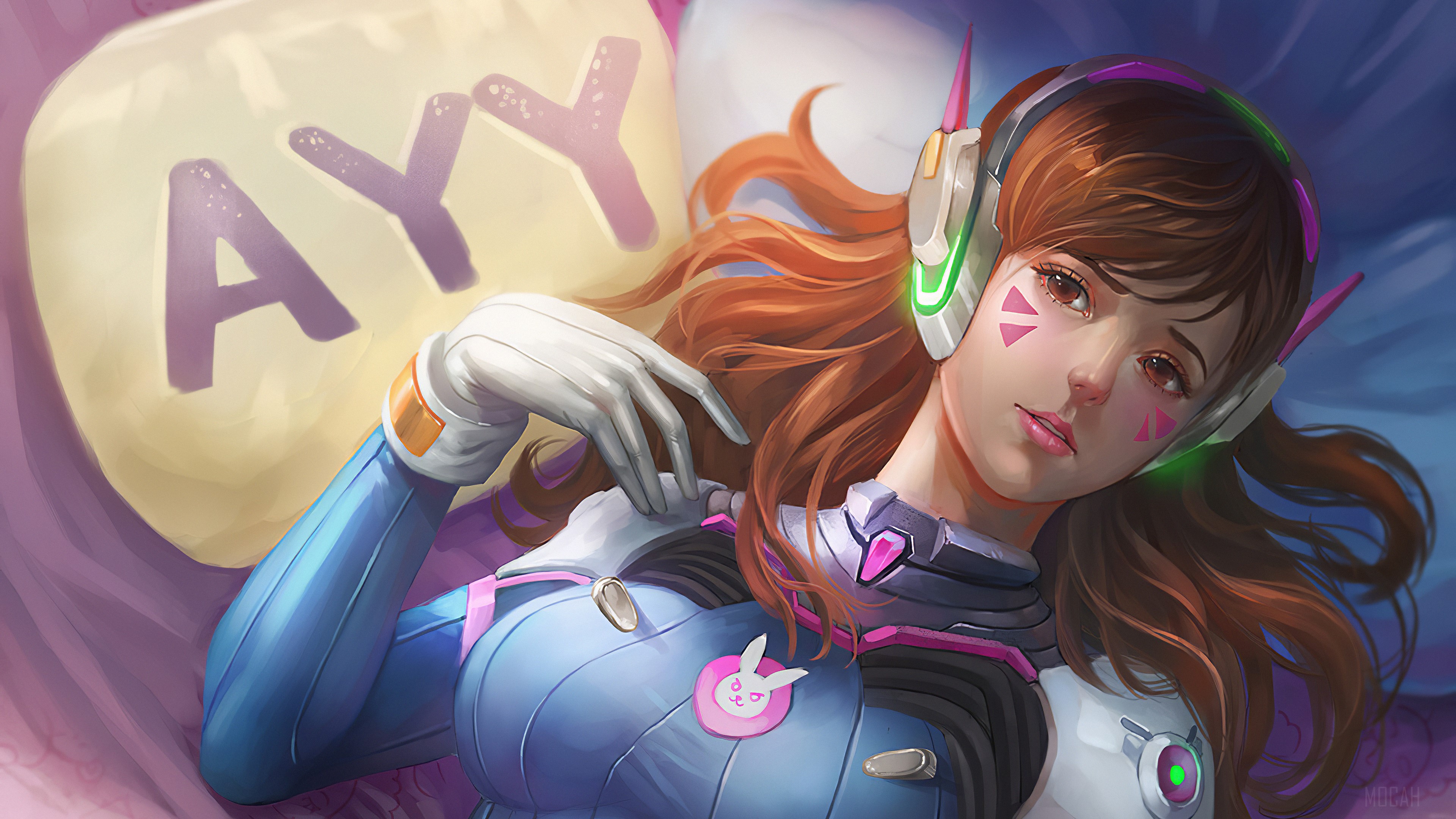 D.Va from Overwatch lying down with "AYY" pillow HD Wallpaper