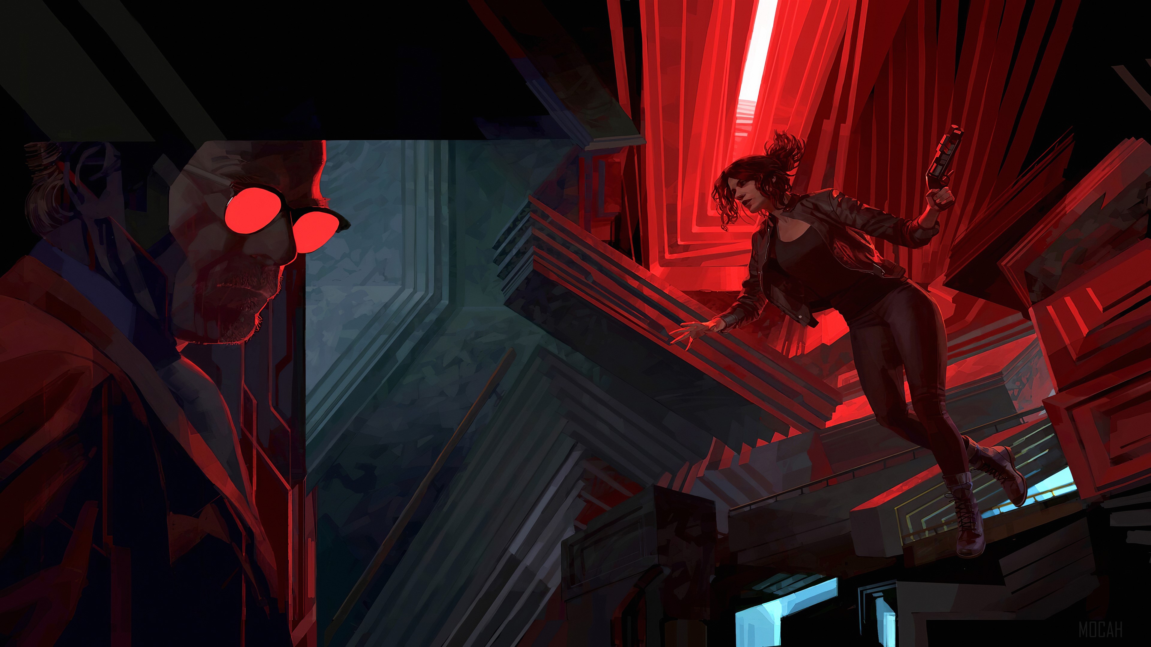 Jesse Faden from Control in a red geometric environment HD Wallpaper