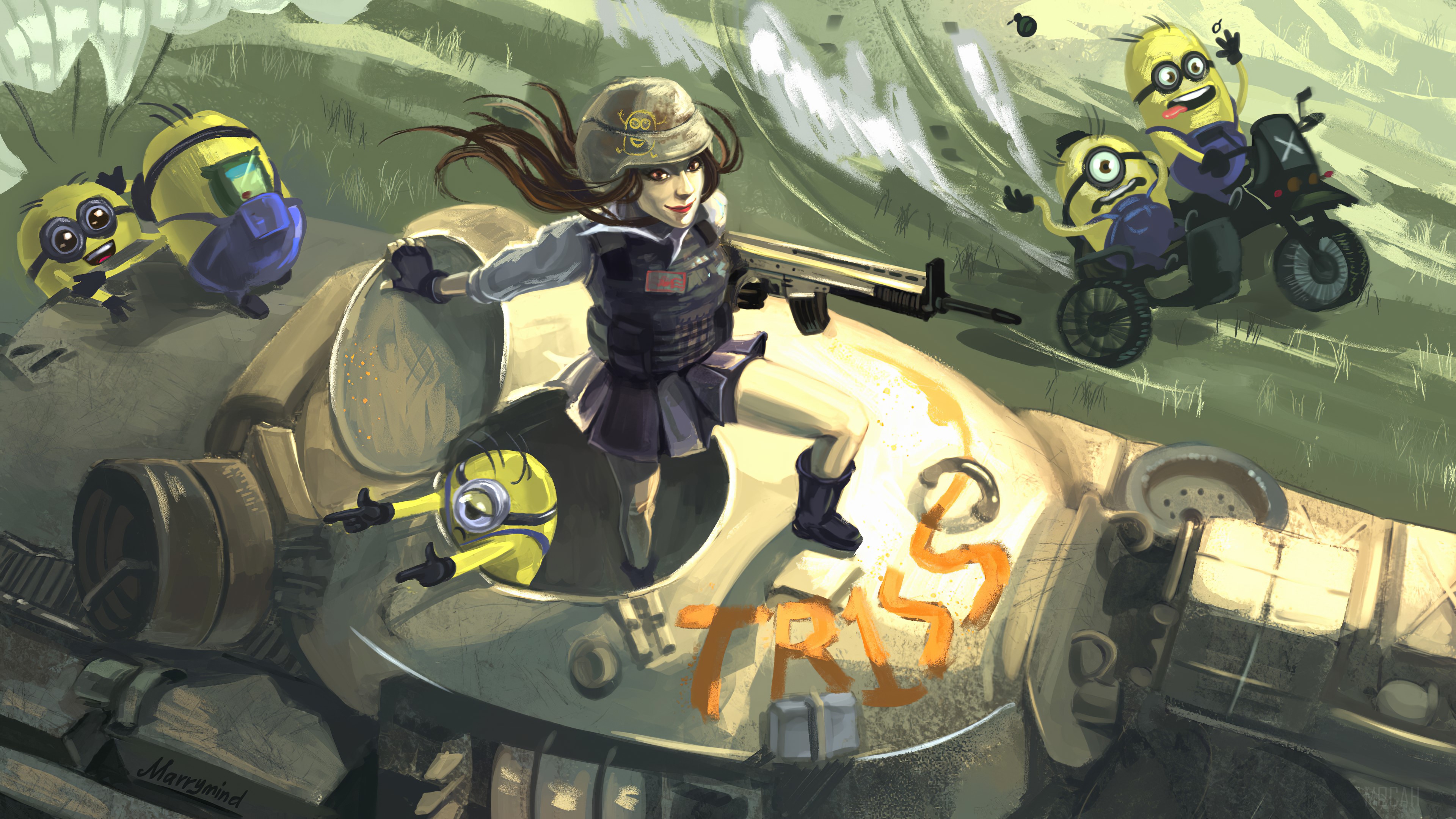 Minions and Girl with Gun on Mech in PUBG Art 4K HD Wallpaper