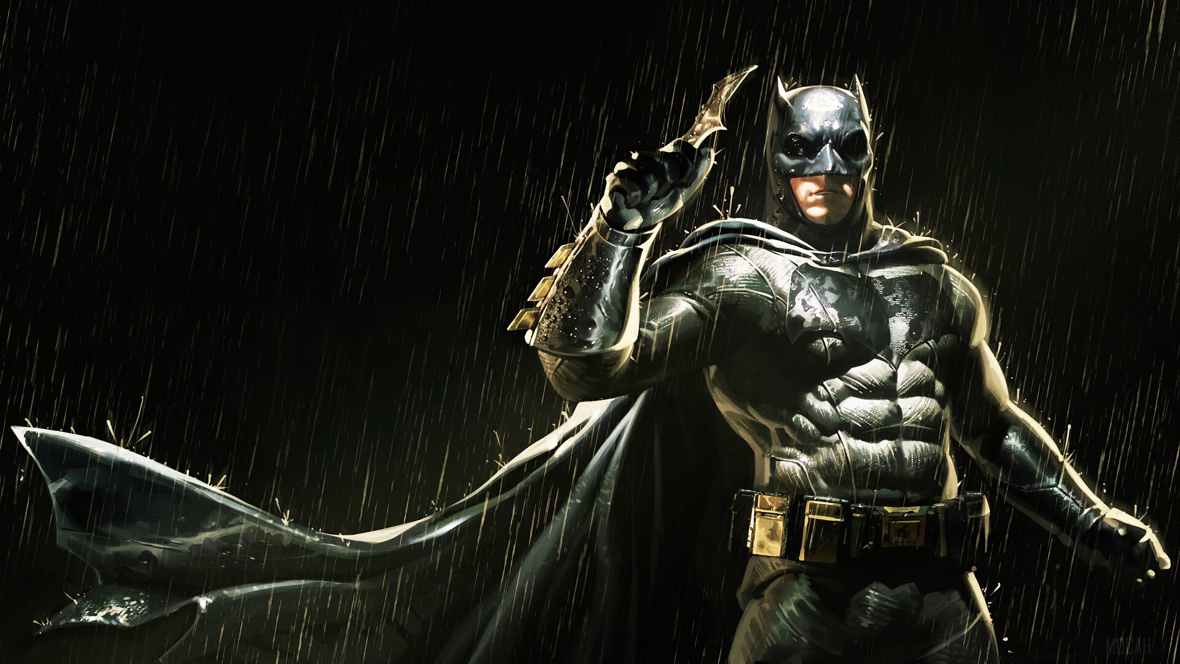 Batman holding a Batarang in the rain HD Wallpaper
