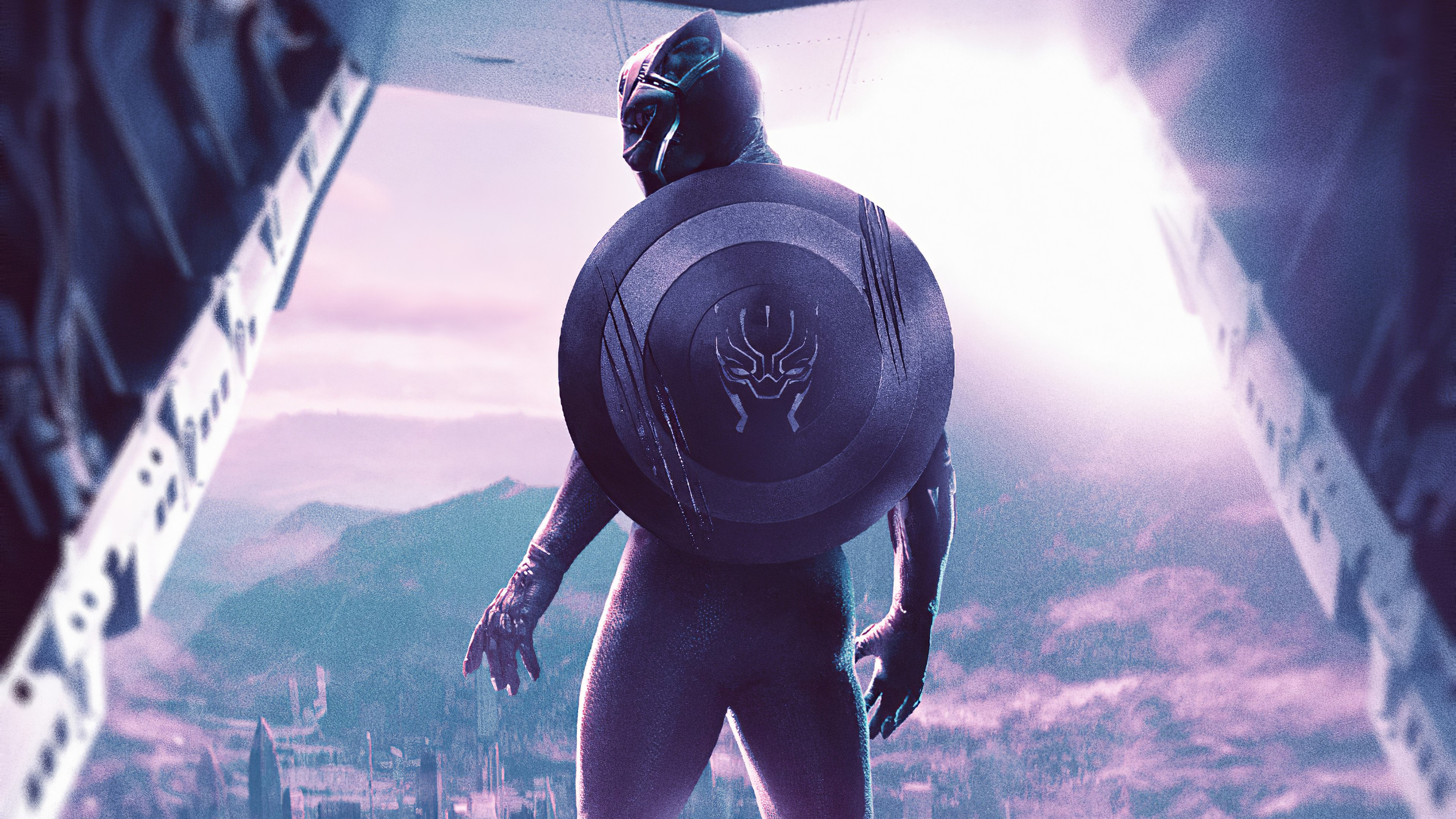 Black Panther with Captain America's Shield 4K HD Wallpaper