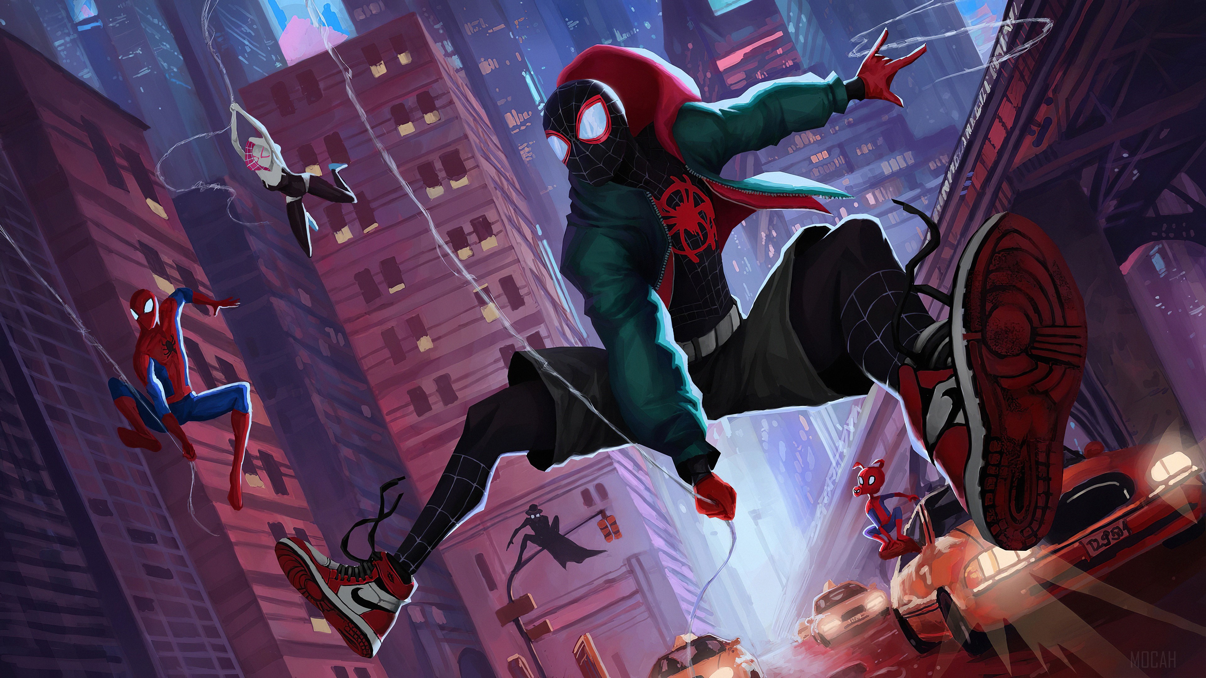 Spider-Verse characters swinging through New York City 4K HD Wallpaper