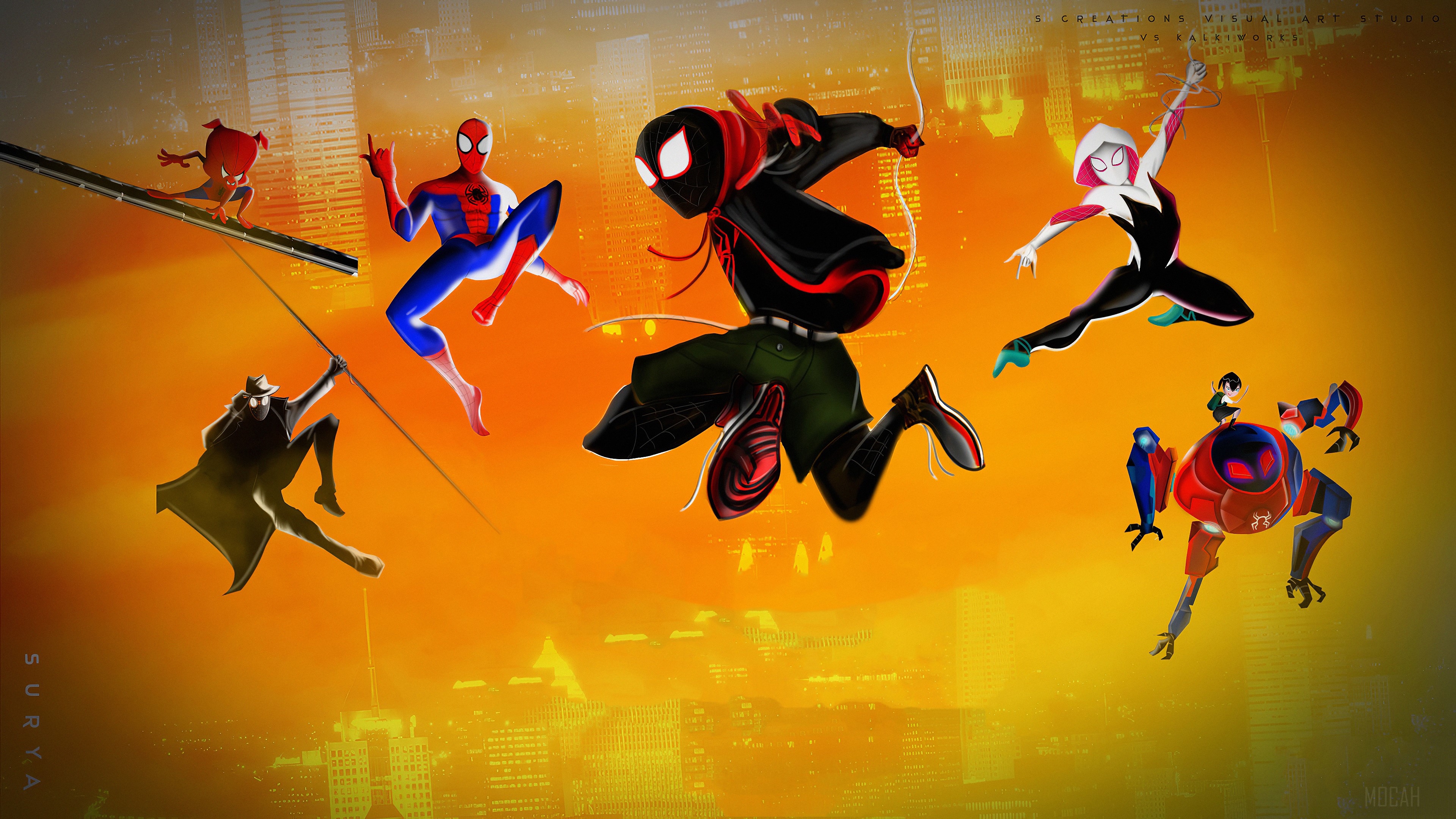 Spider-Verse characters jumping in a city HD Wallpaper