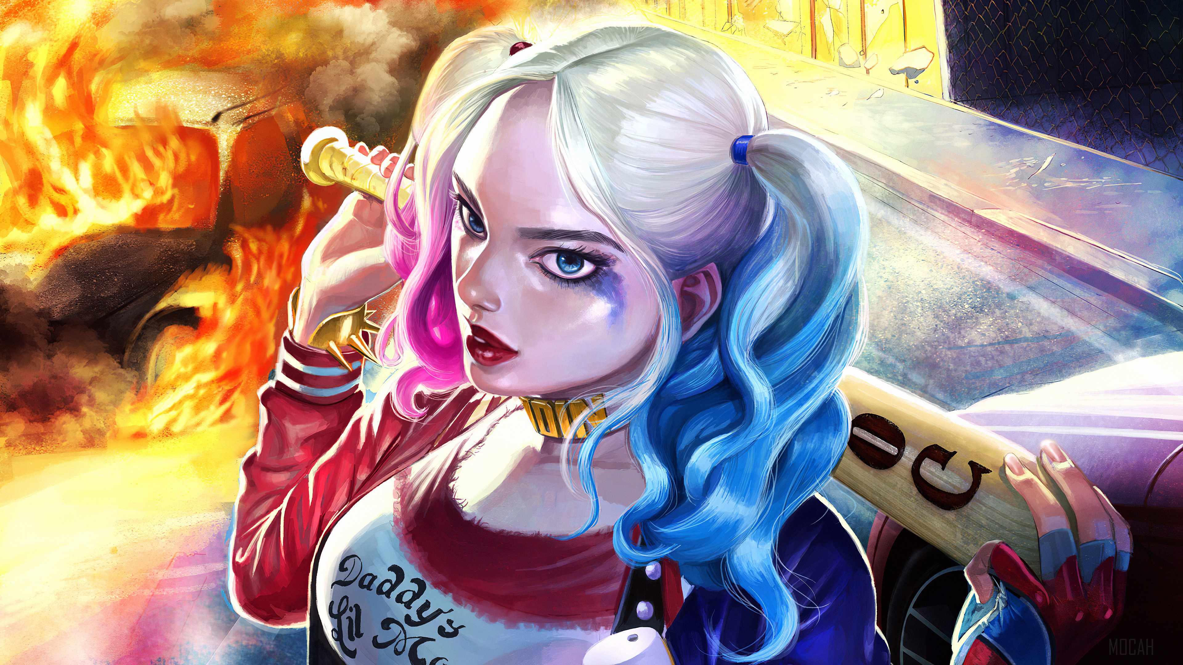 Harley Quinn with baseball bat and burning car HD Wallpaper