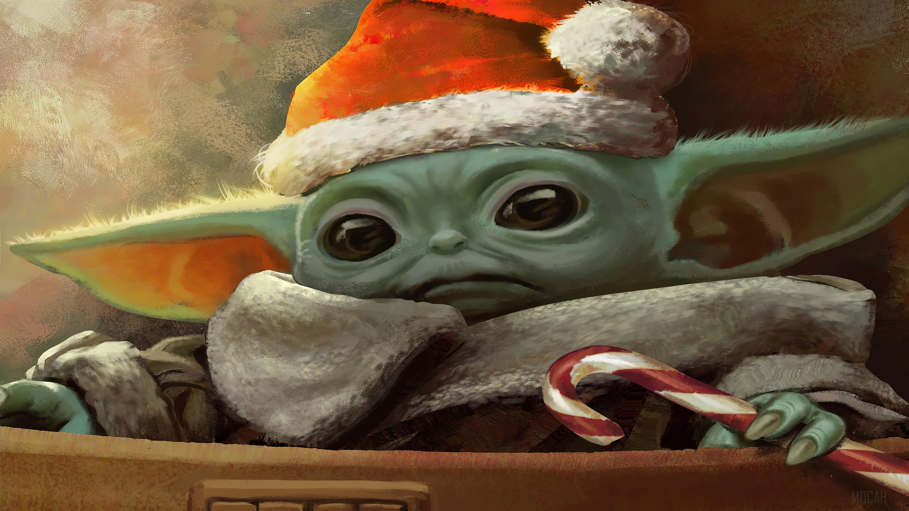 Baby Yoda wearing Santa hat with candy cane 4K HD Wallpaper