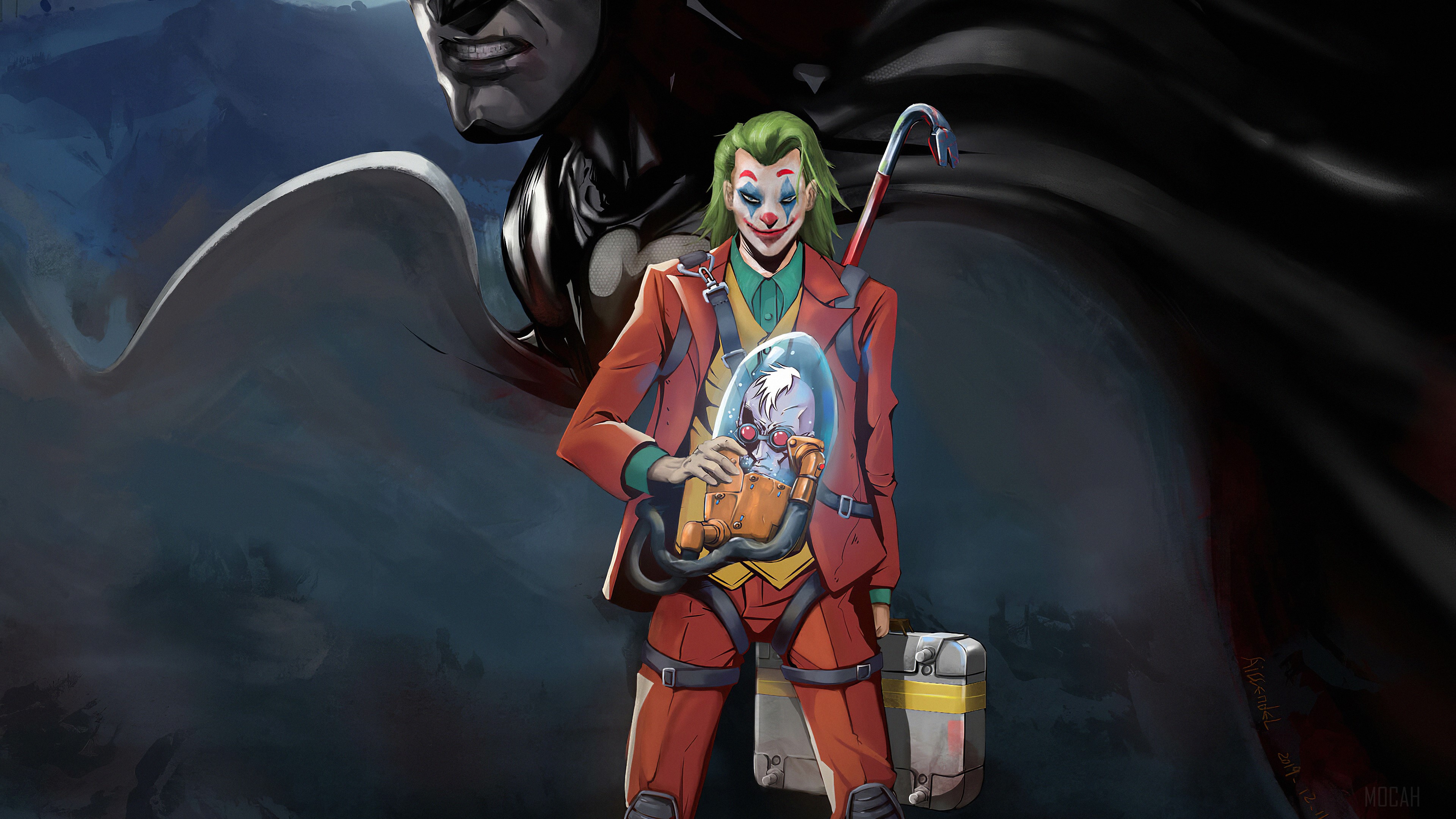 Joker holding Mr. Freeze in cryo-chamber, Batman cape 4K HD Wallpaper