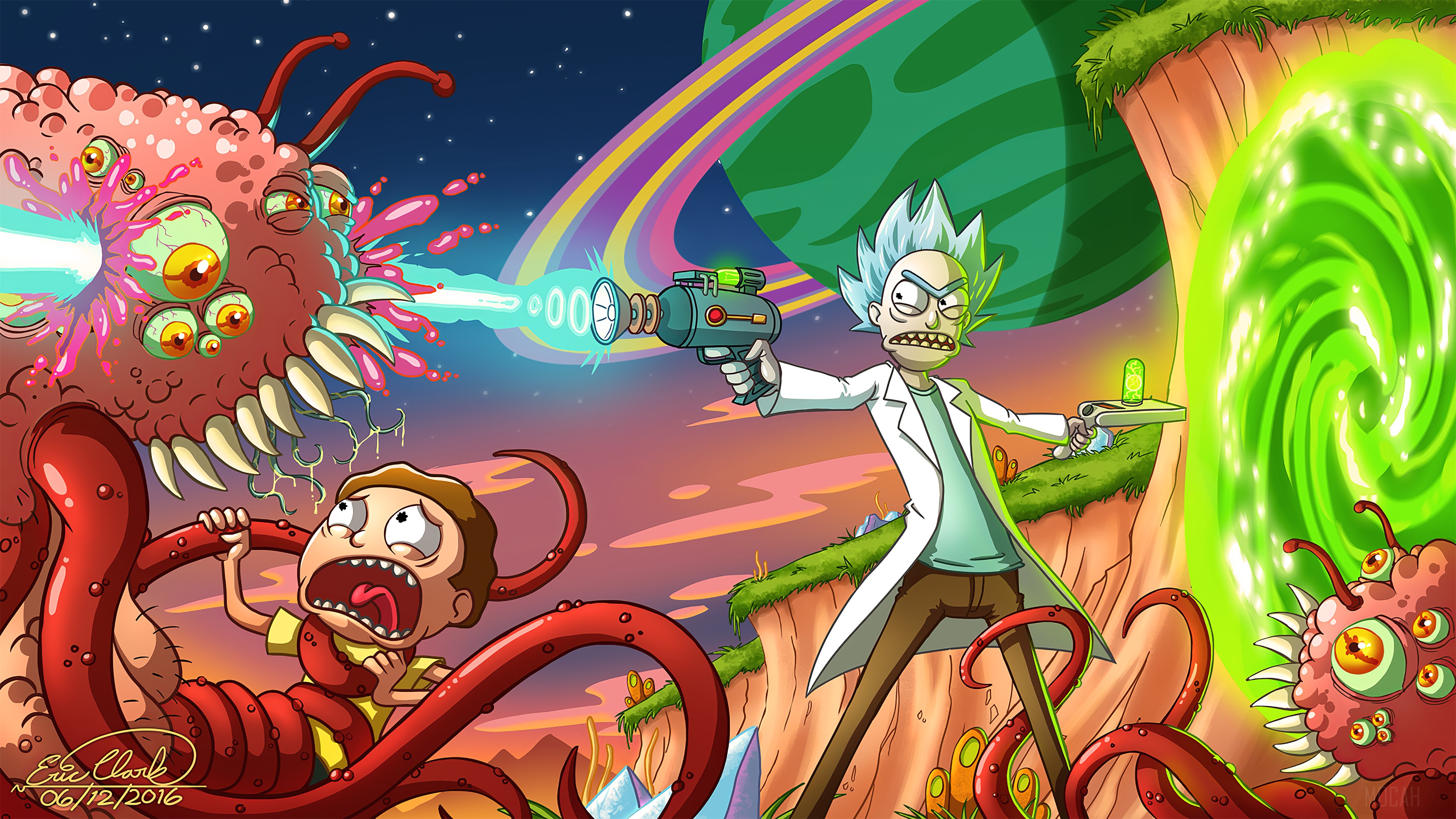 Rick and Morty fighting a monster through a portal HD Wallpaper