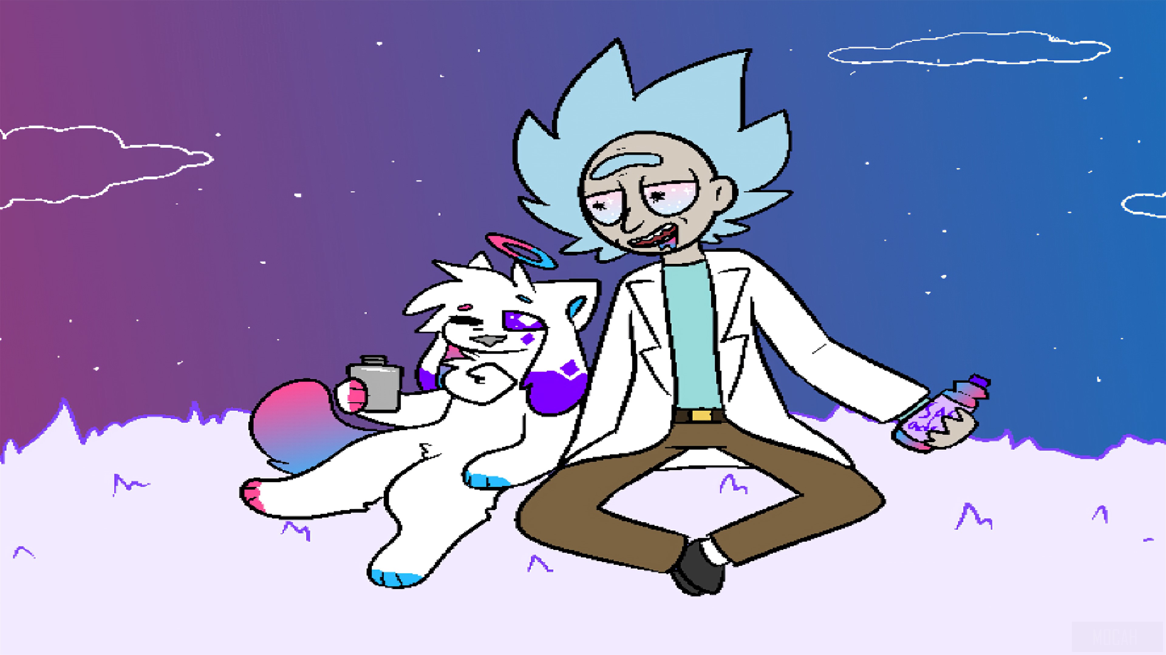 Rick Sanchez and a furry character with potions HD Wallpaper