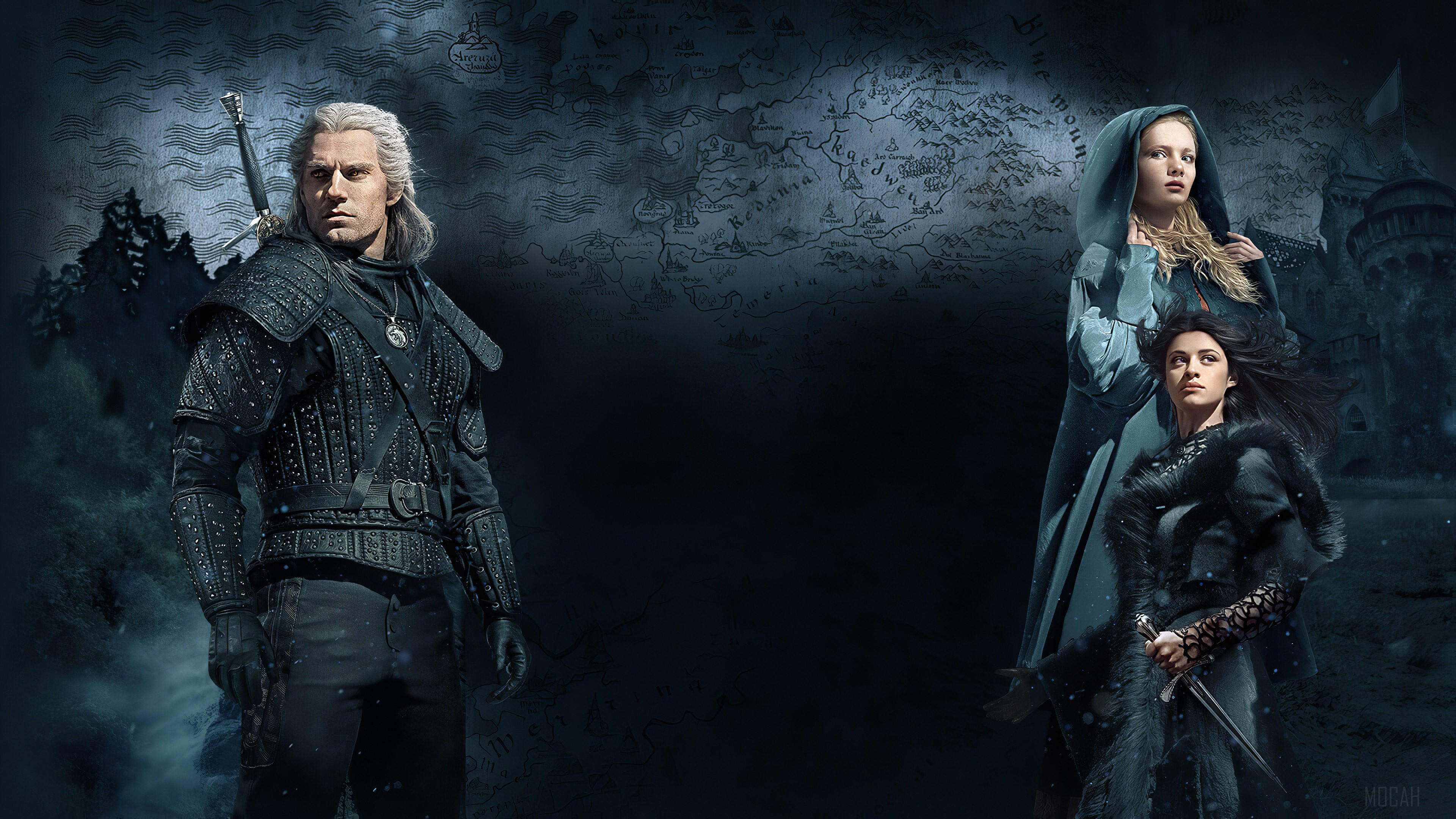 Geralt, Yennefer, and Ciri from The Witcher 4K HD Wallpaper