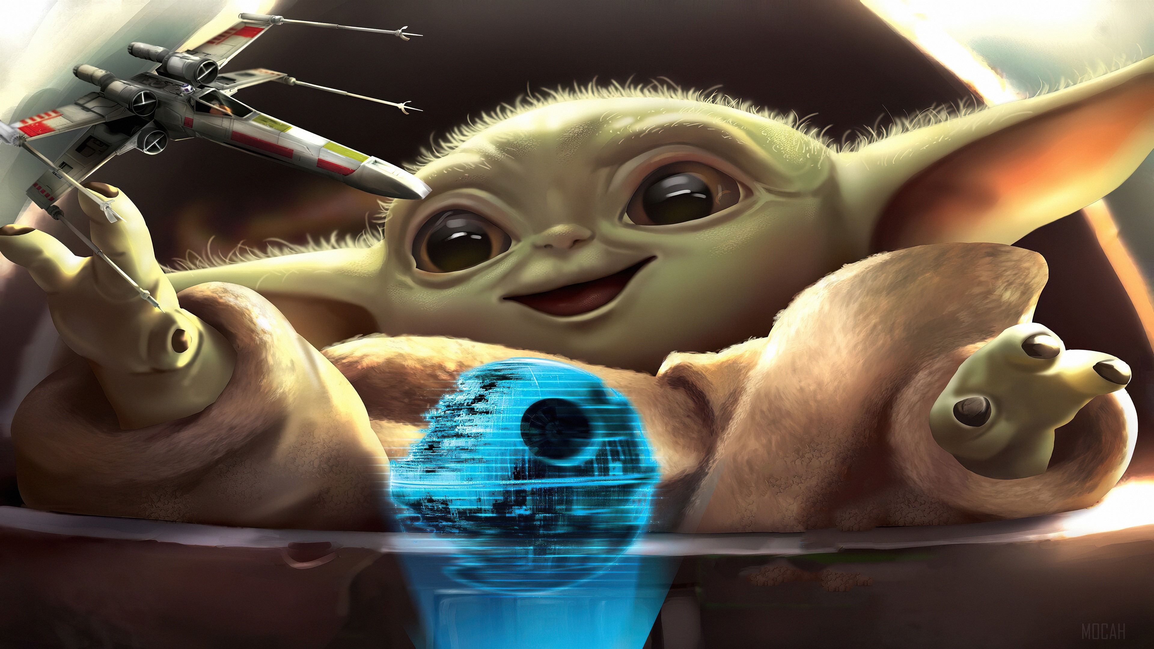 Baby Yoda holding an X-wing and Death Star hologram HD Wallpaper