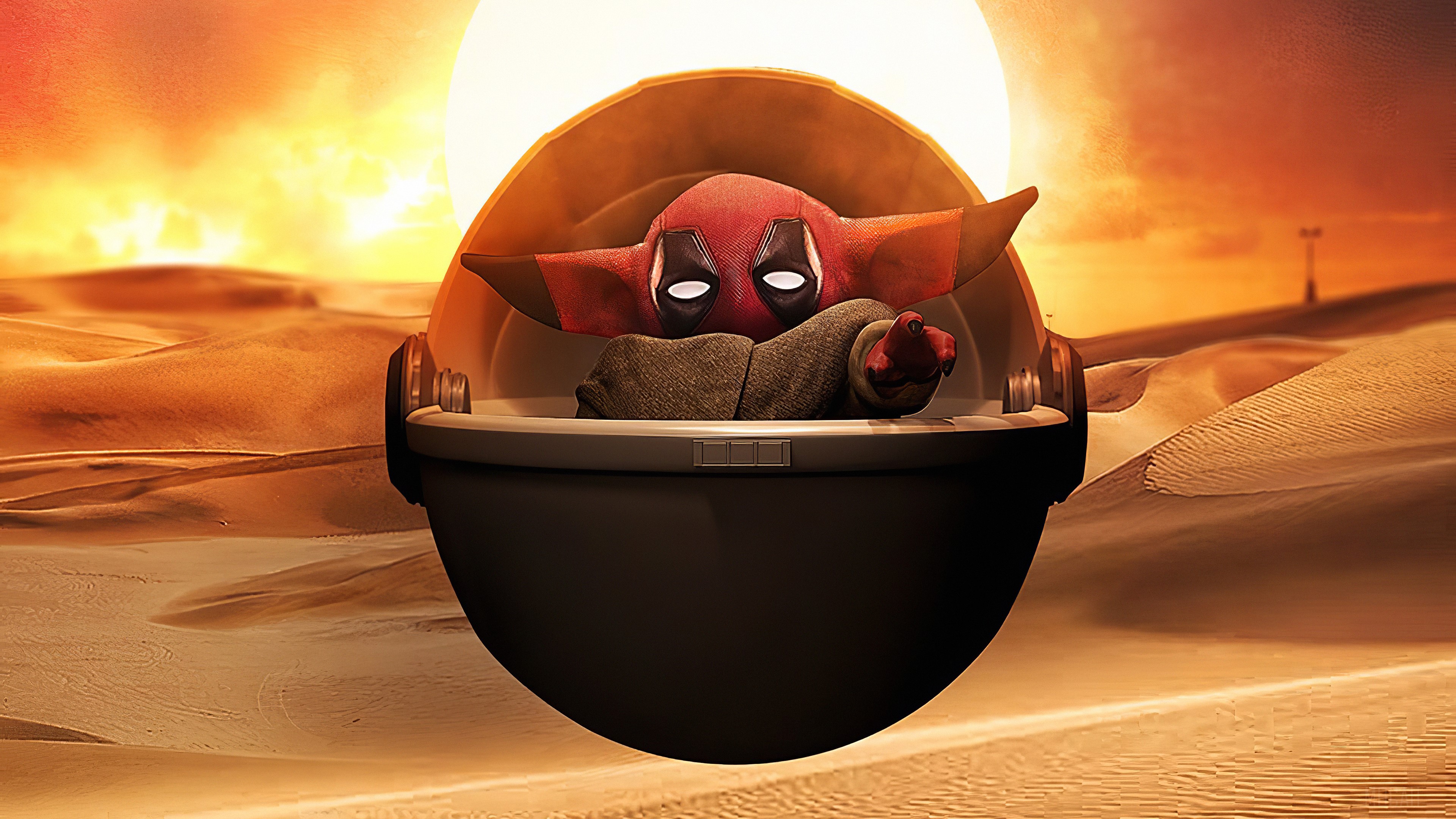 Deadpool Baby Yoda in a desert landscape 4K HD Wallpaper