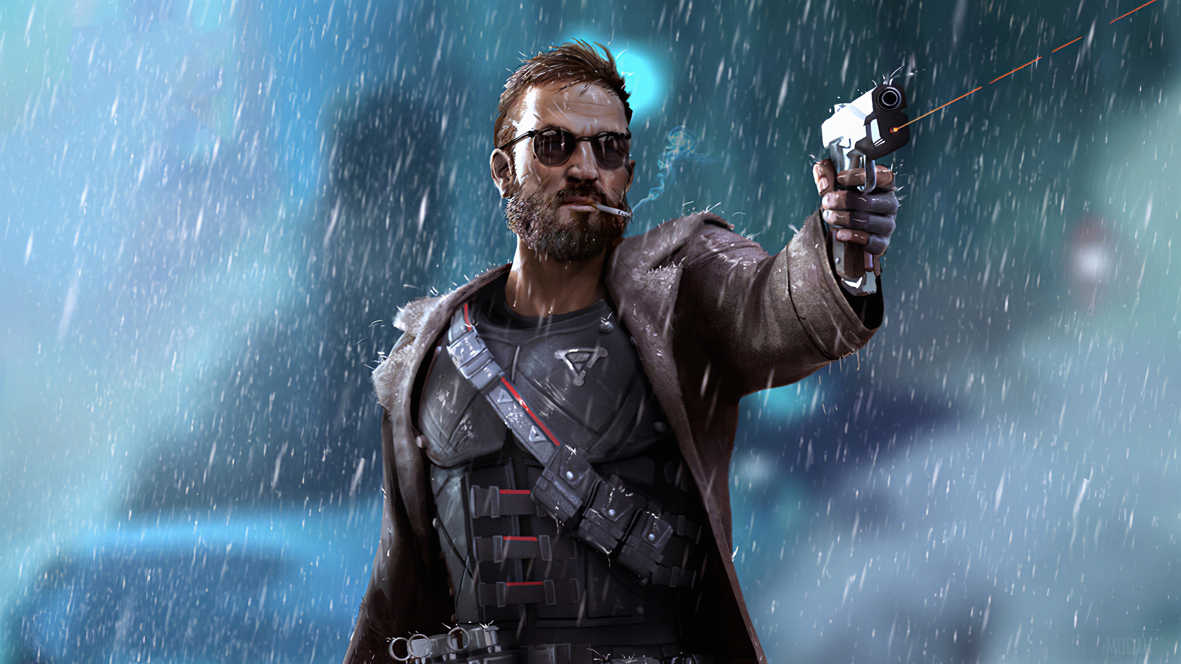 Man with gun in the rain 4K HD Wallpaper