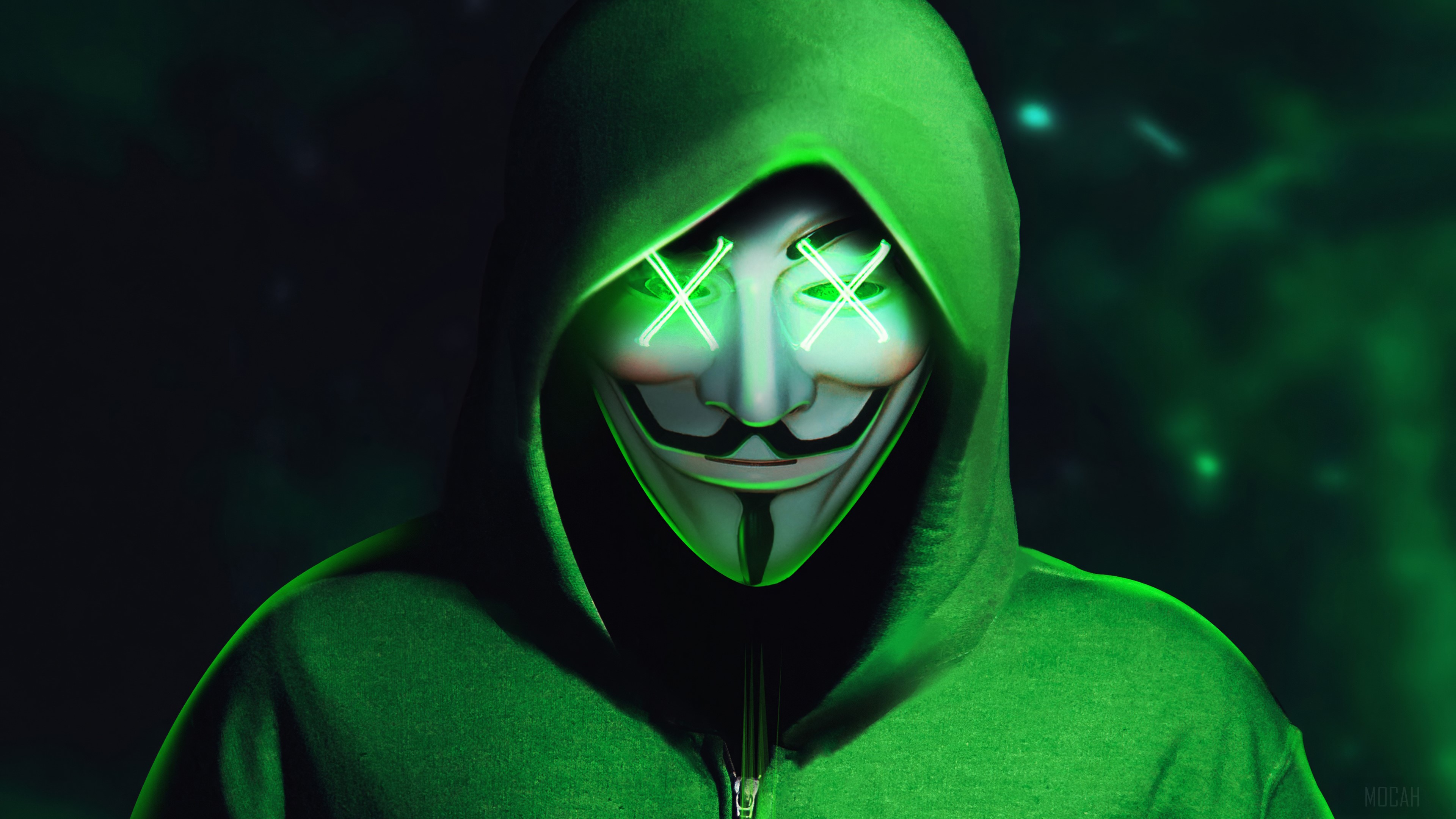 Anonymous Mask in Green Hoodie 4K HD Wallpaper