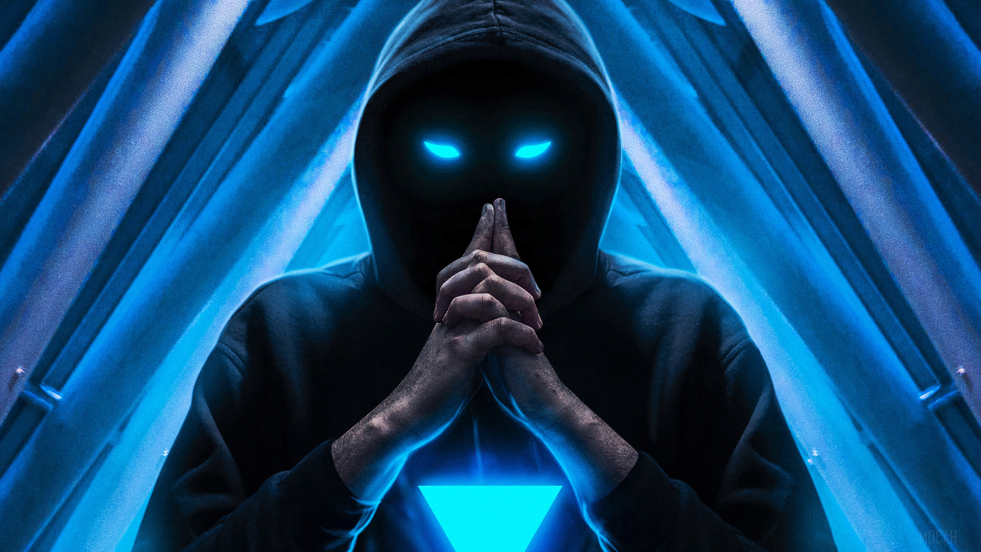 Hooded figure with glowing eyes and triangle symbol 4K HD Wallpaper