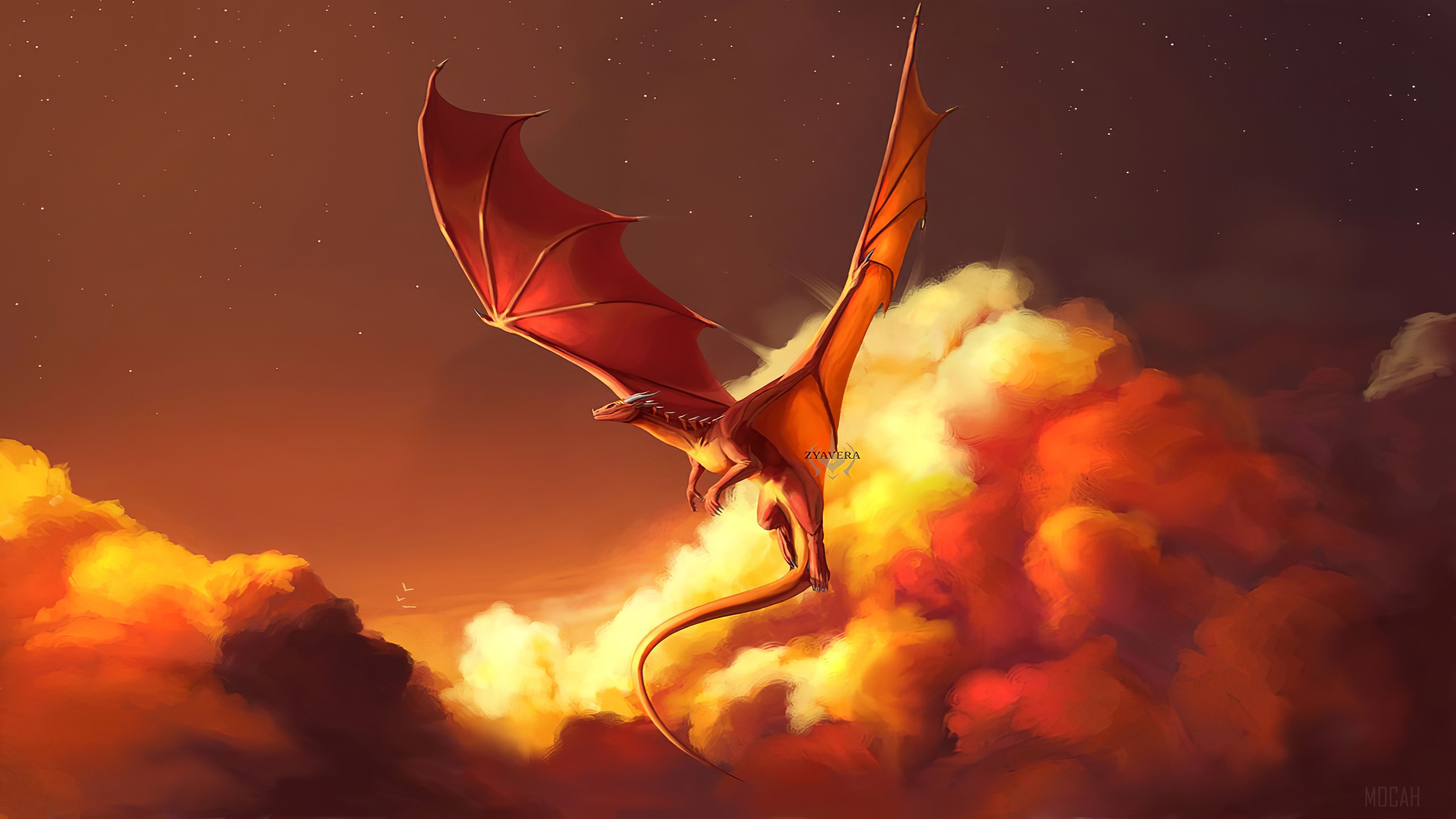 Fiery Dragon in Sunset Clouds 4K HD Wallpaper