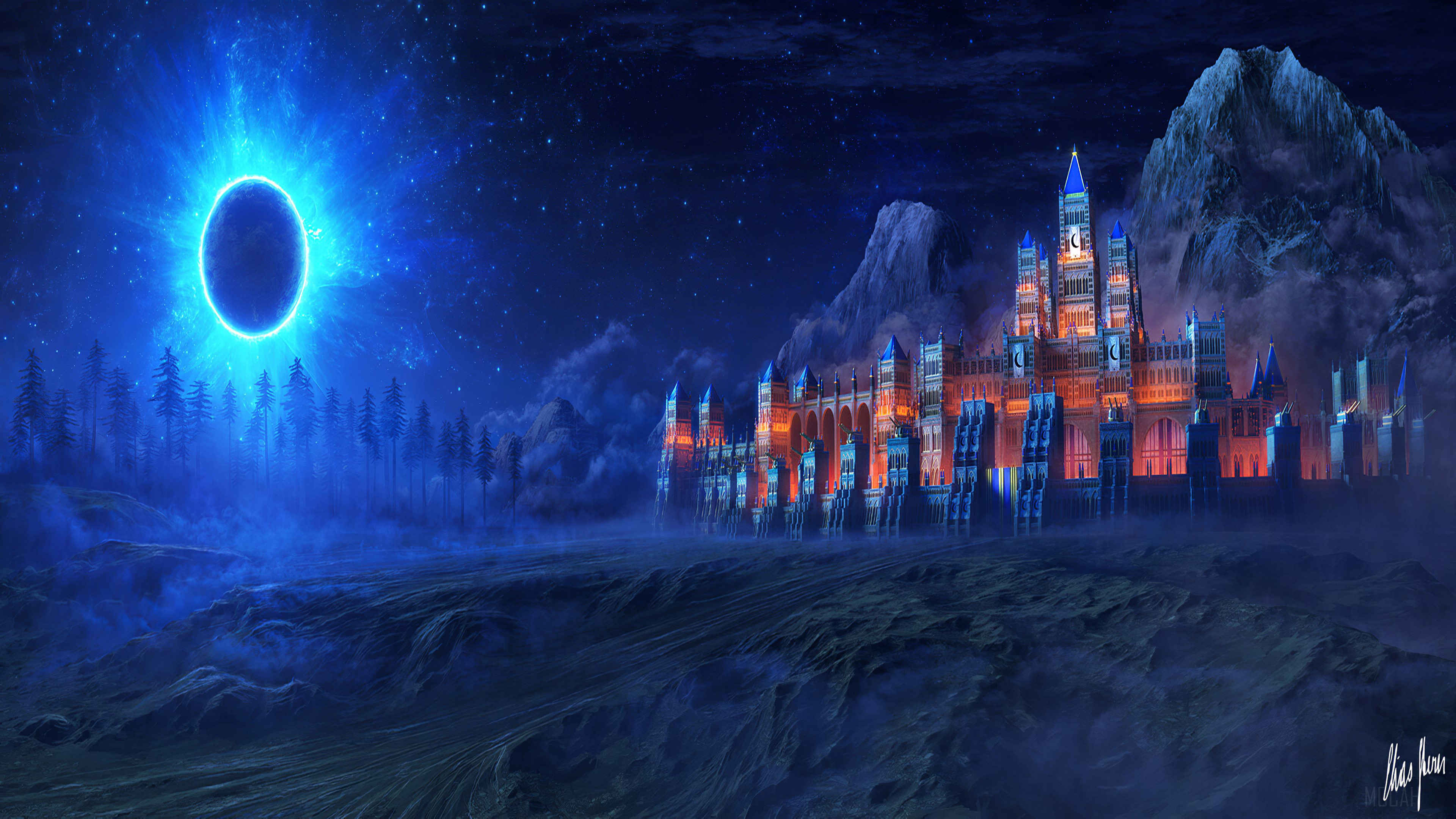 Castle in Eternal Darkness with Blue Portal 4K HD Wallpaper