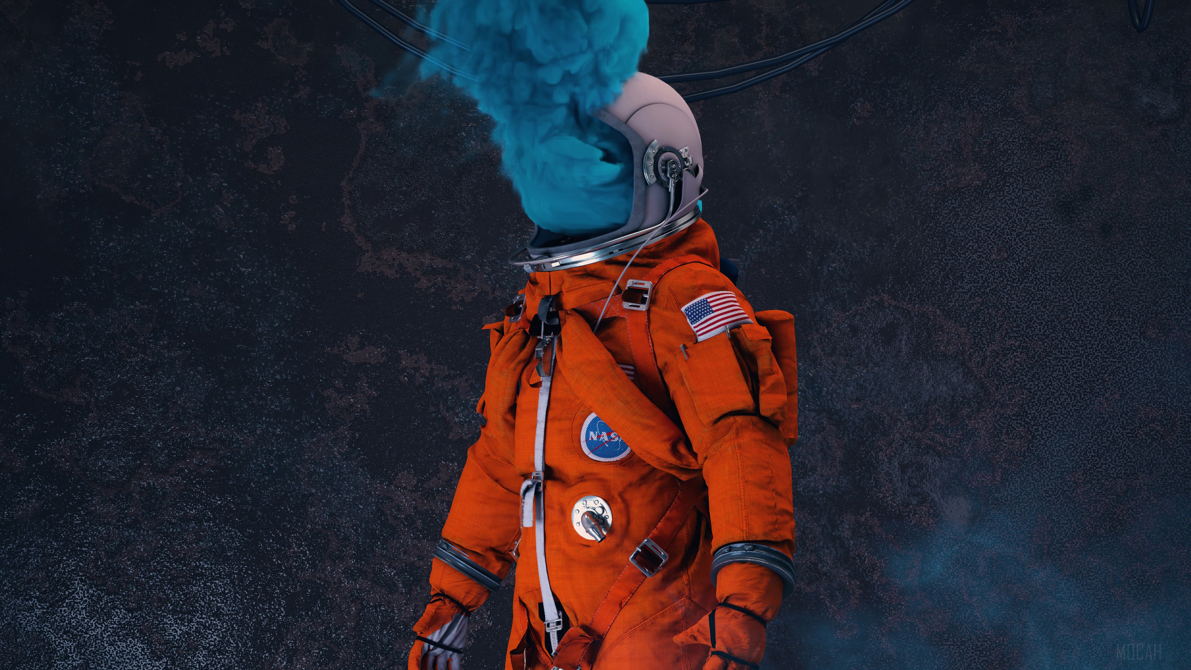 Astronaut with blue smoke from helmet, NASA suit, 4K HD Wallpaper