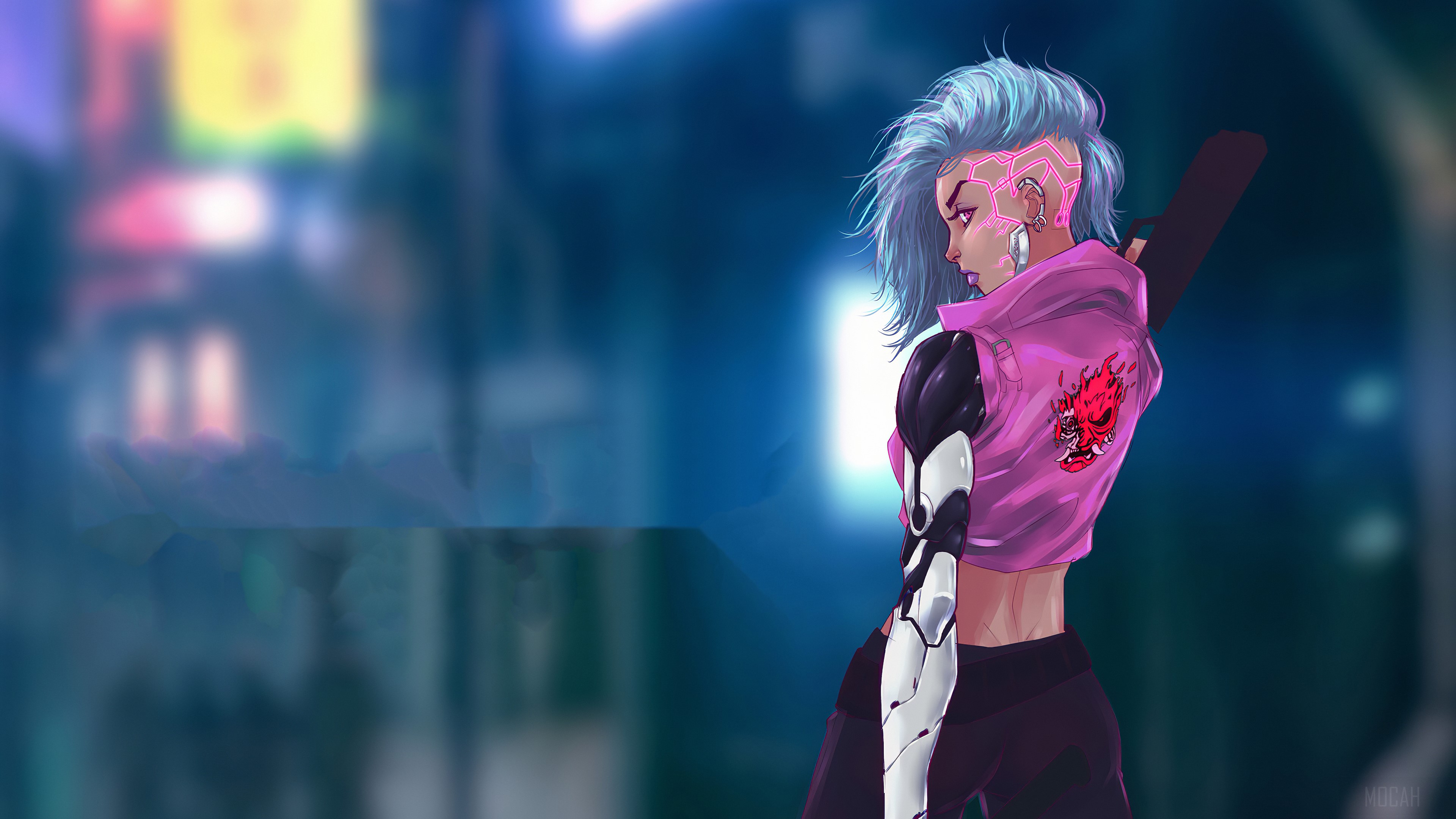 Cyberpunk girl with pink hair and cybernetic arm HD Wallpaper